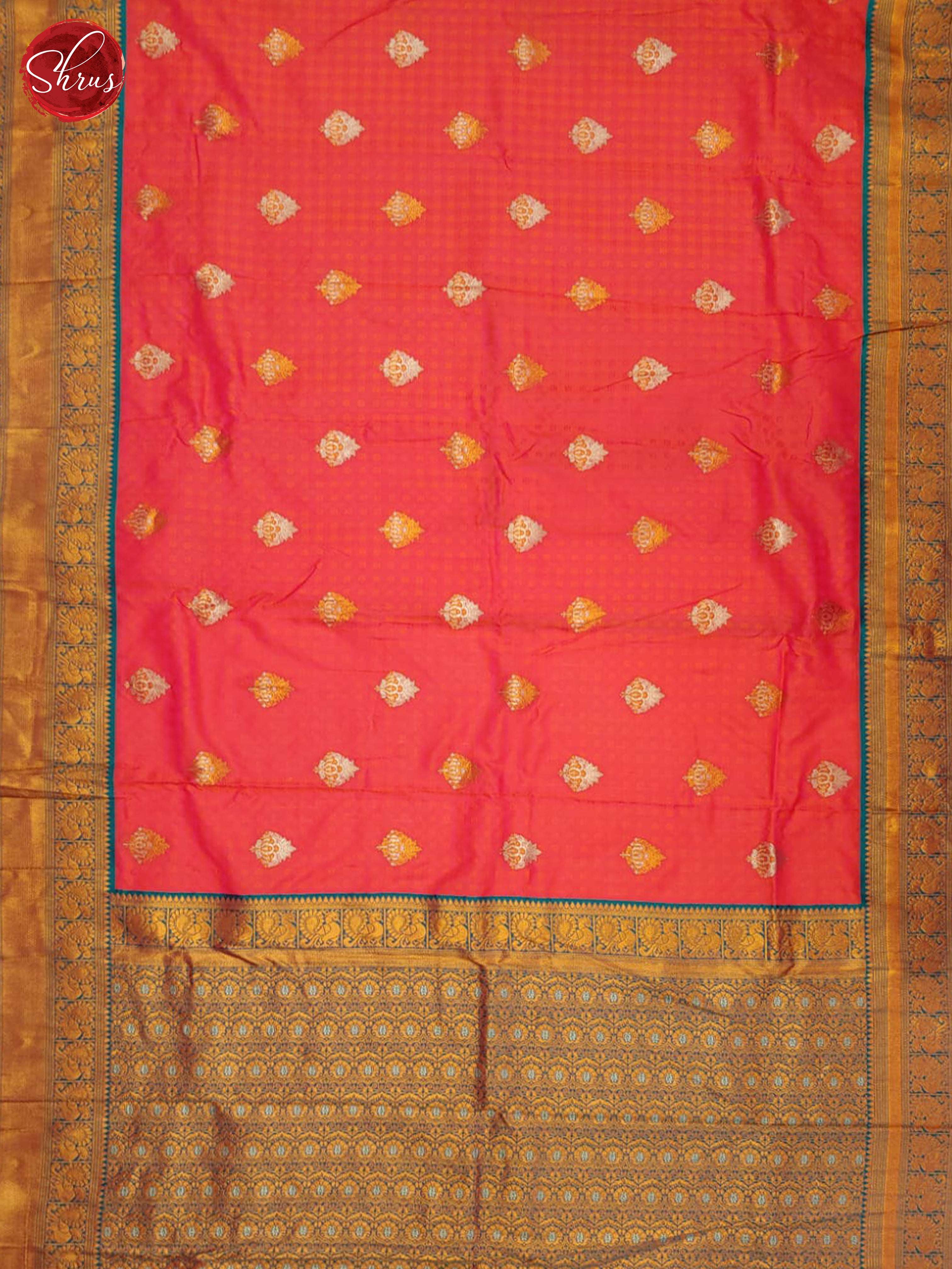 Orangish Pink & Blue - Semi kanchipuram saree - Shop on ShrusEternity.com