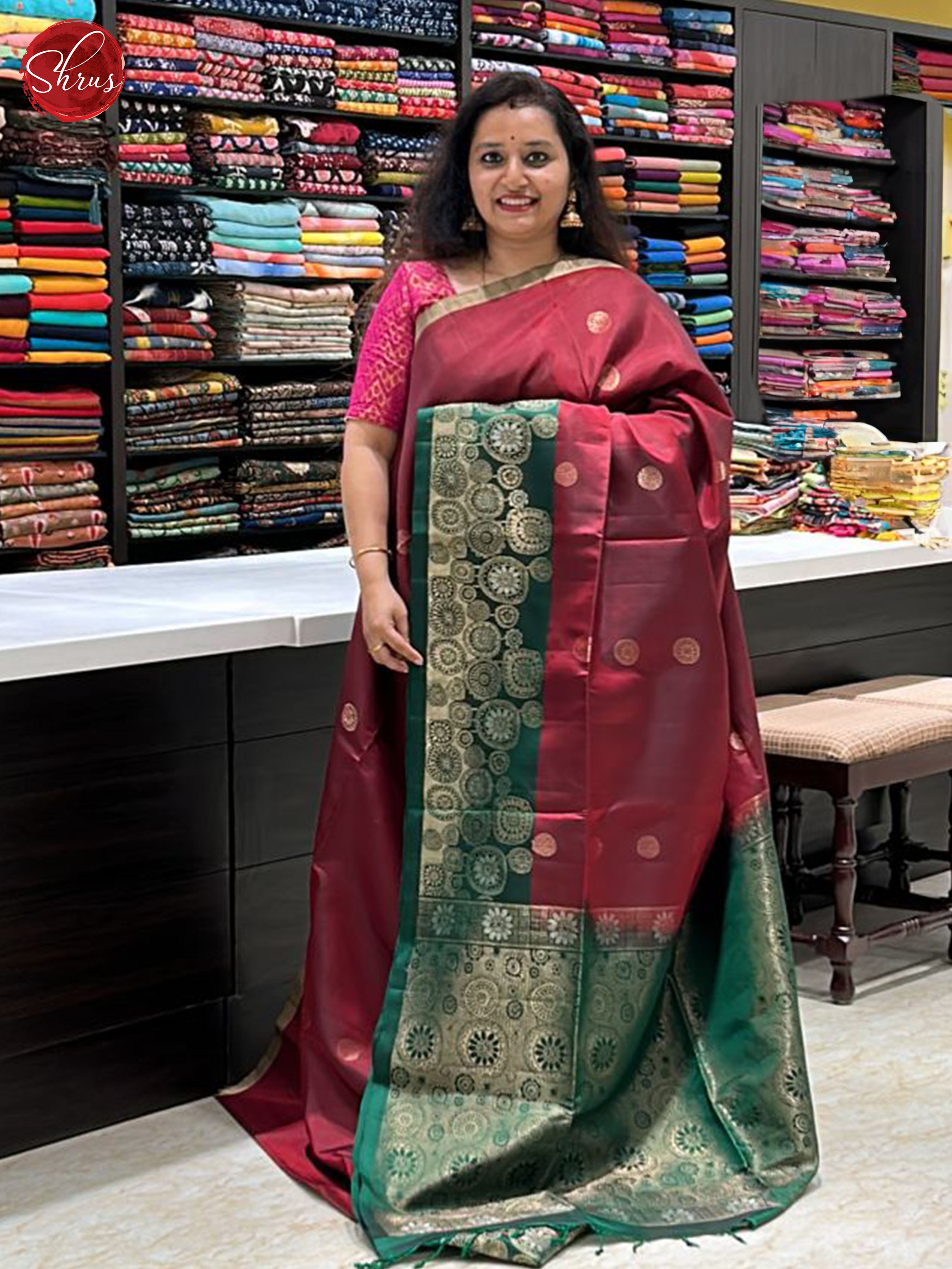 Arakku Maroon & Green - Soft Silk Saree with zari woven floral buttas on the body & Zari Border - Shop on ShrusEternity.com