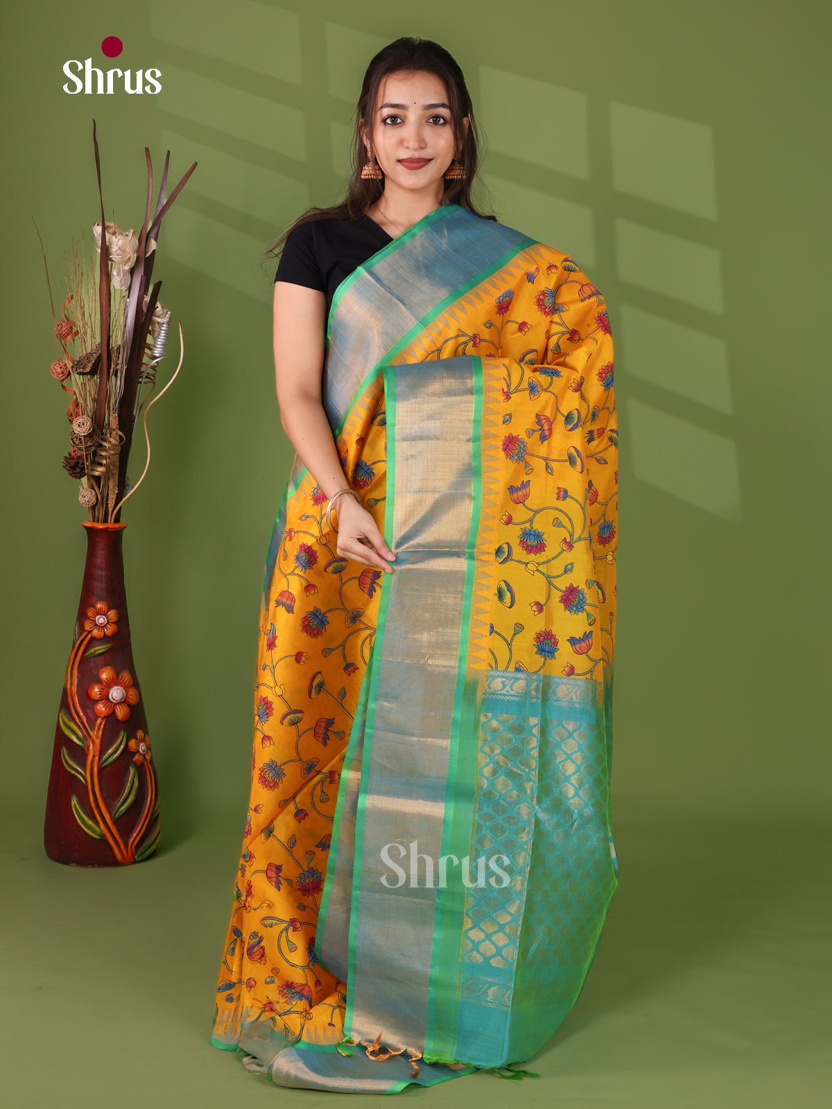Adorable Yellow Cotton Silk Saree With Floral & Leaf Vines, Sea Green Kaddi Temple Zari Border & Brocade Pallu