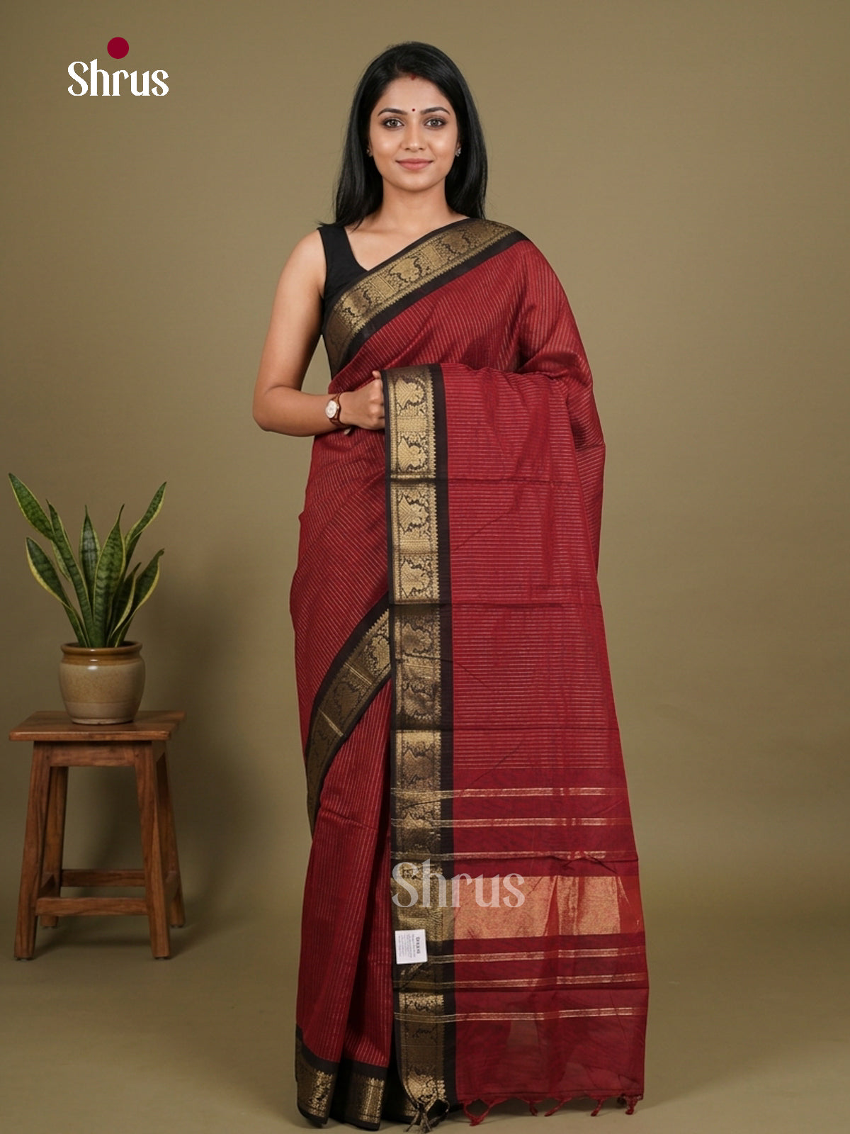 Alluring Maroon Chettinad Cotton Saree With Golden Stripes, Small Black Zari Border & Traditional Pallu