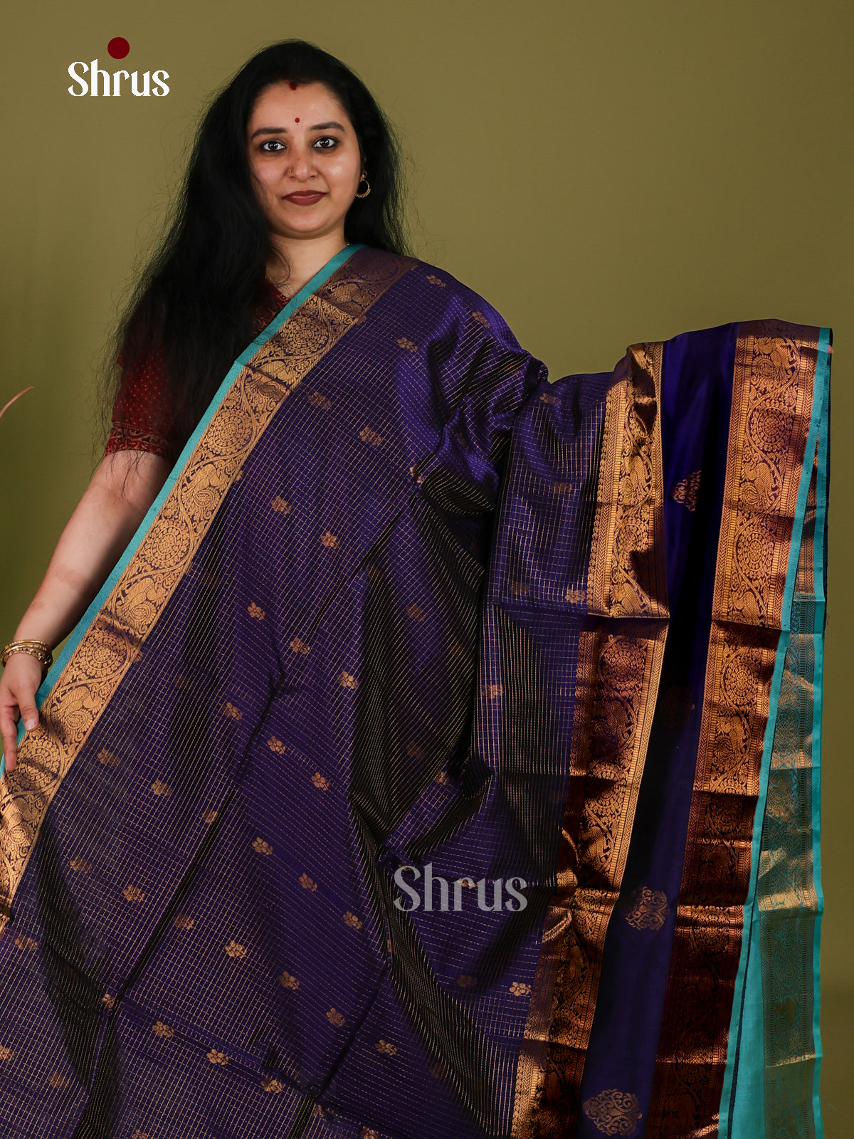 Artisanal Indigo Cotton Silk Saree With Golden Checks, Buttas, Rettapet Zari Border & Turquoise Brocade Pallu 1