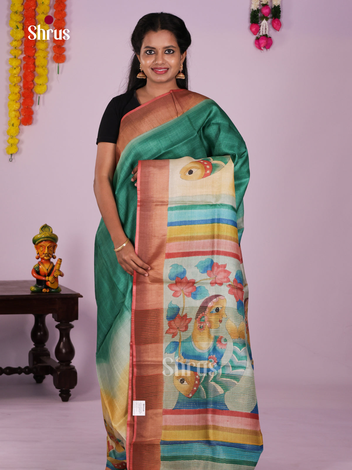 Artistic Emerald Green Tussar Silk Saree With Handpainted Traditional Figurines & Fish Motifs