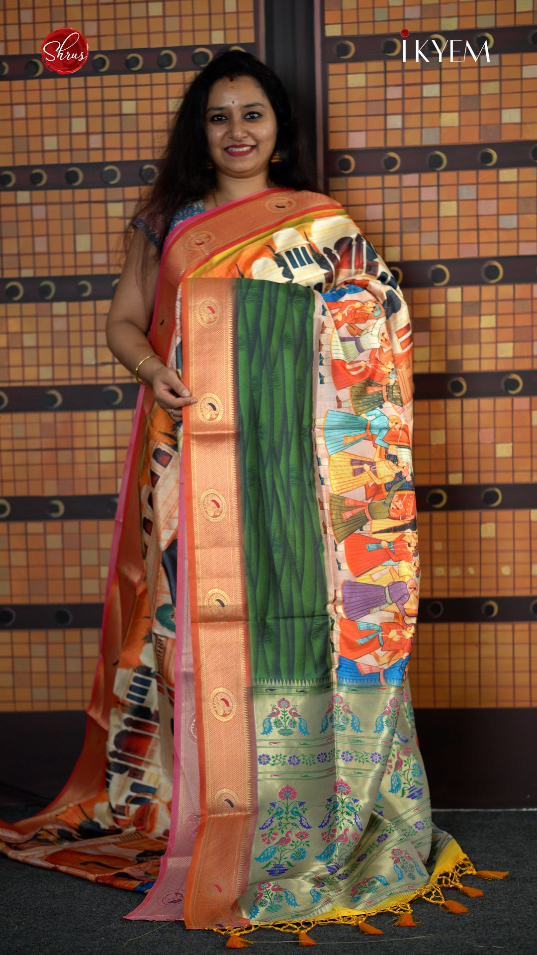 Green & Yellow-Semi Paithani with art printed body & Zari Border - Shop on ShrusEternity.com