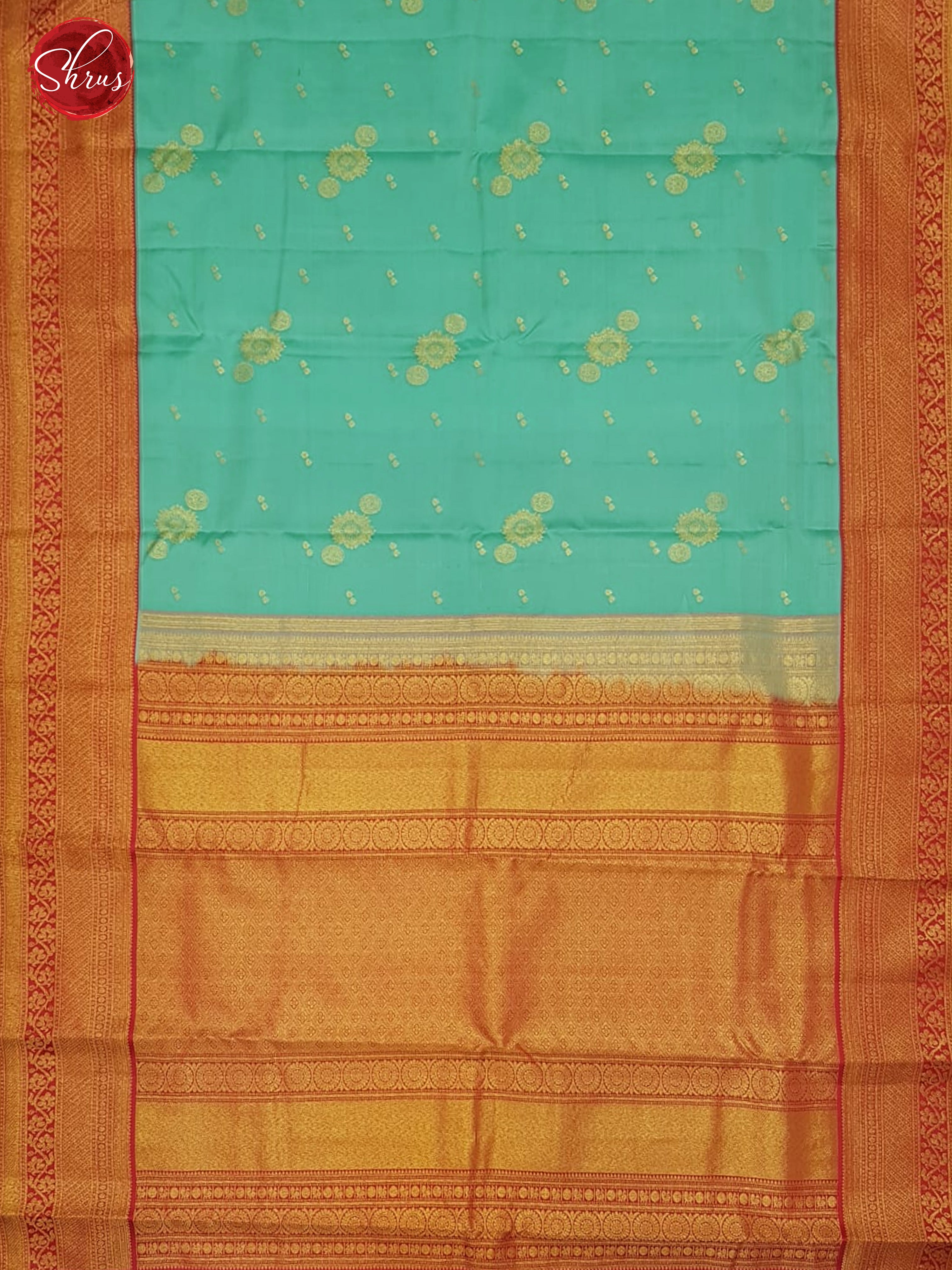 Greenish Blue and Red Korvai Kanchipuram Silk Saree with zari Woven Floral Buttas-2