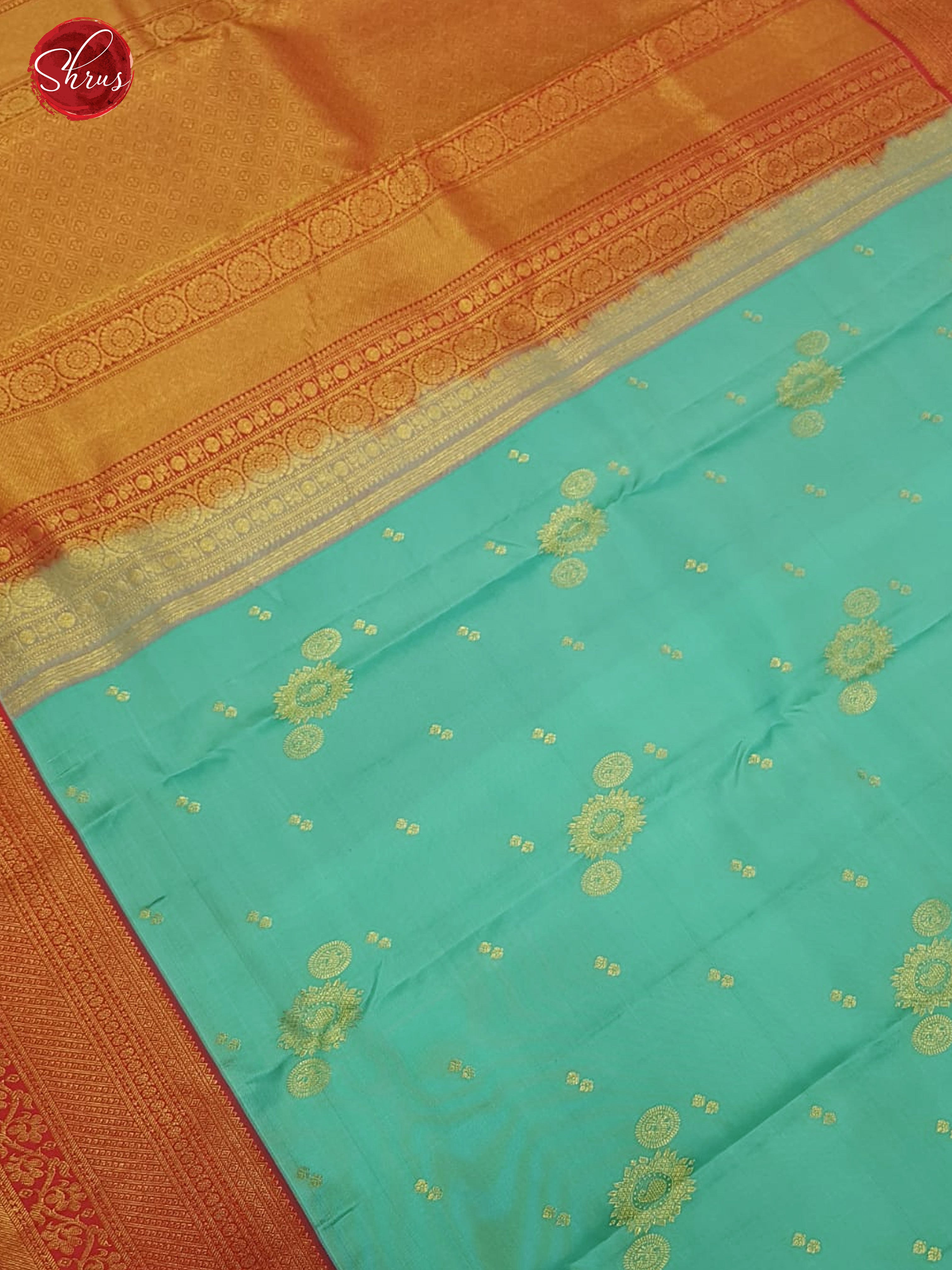 Greenish Blue and Red Korvai Kanchipuram Silk Saree with zari Woven Floral Buttas-3