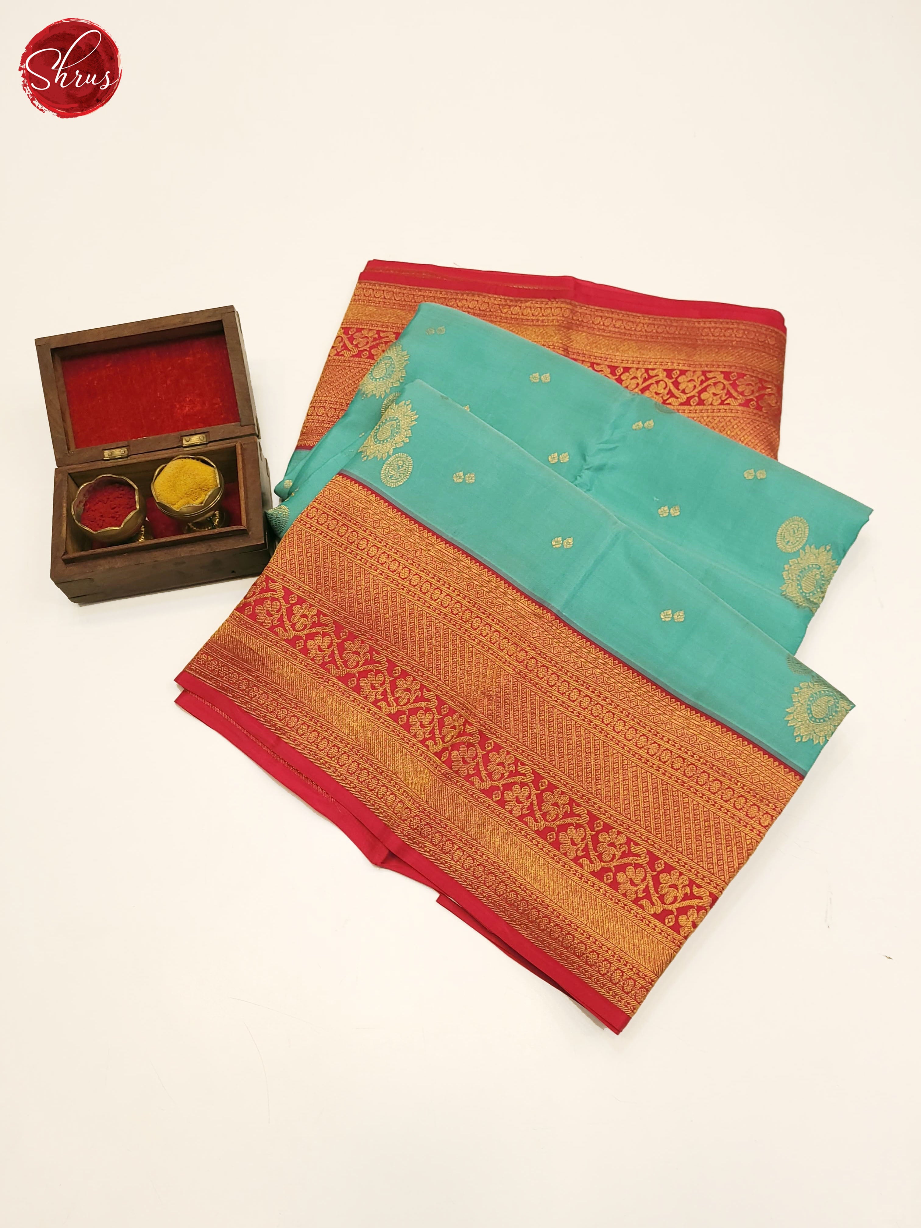 Greenish Blue and Red Korvai Kanchipuram Silk Saree with zari Woven Floral Buttas-1