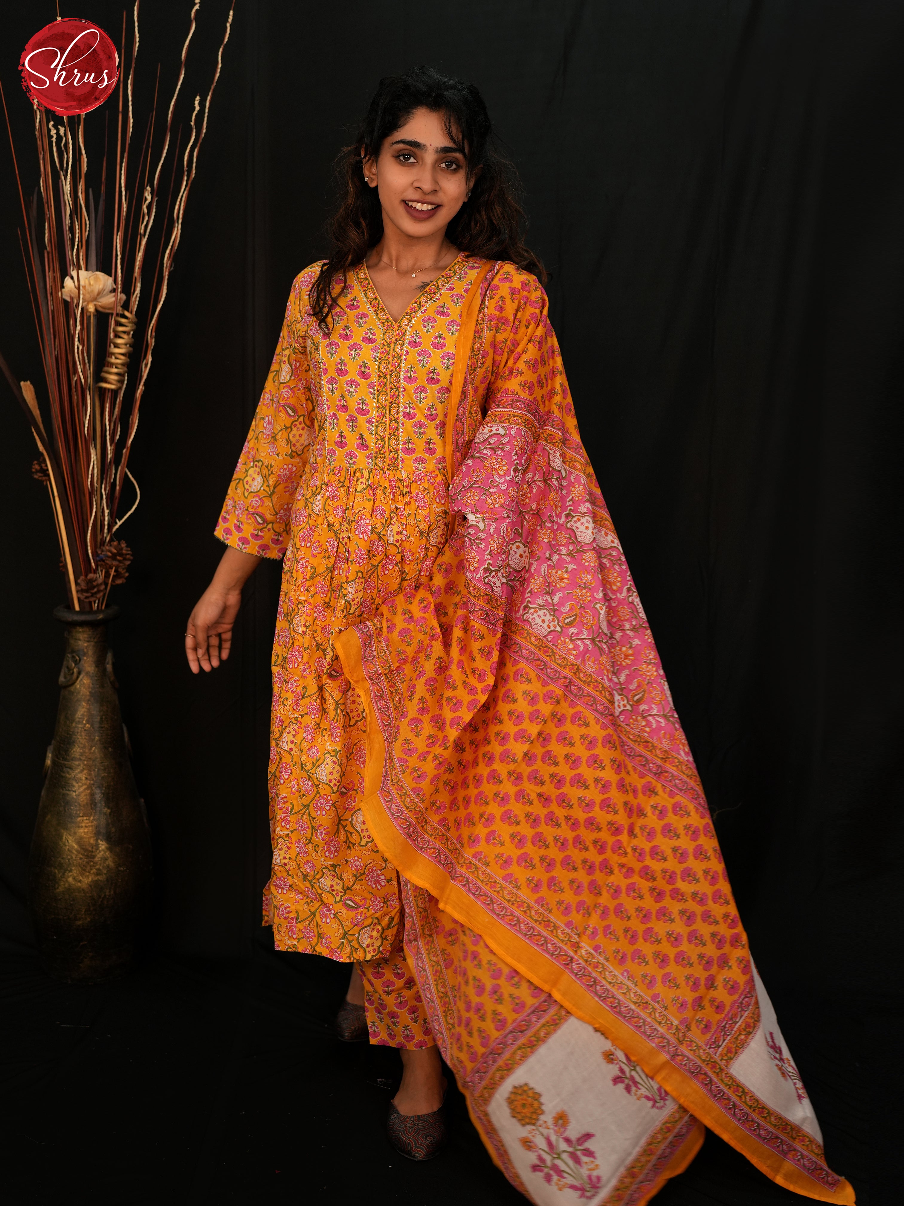 Yellow & Pink- Readymade Salwar Suit with floral print - Shop on ShrusEternity.com