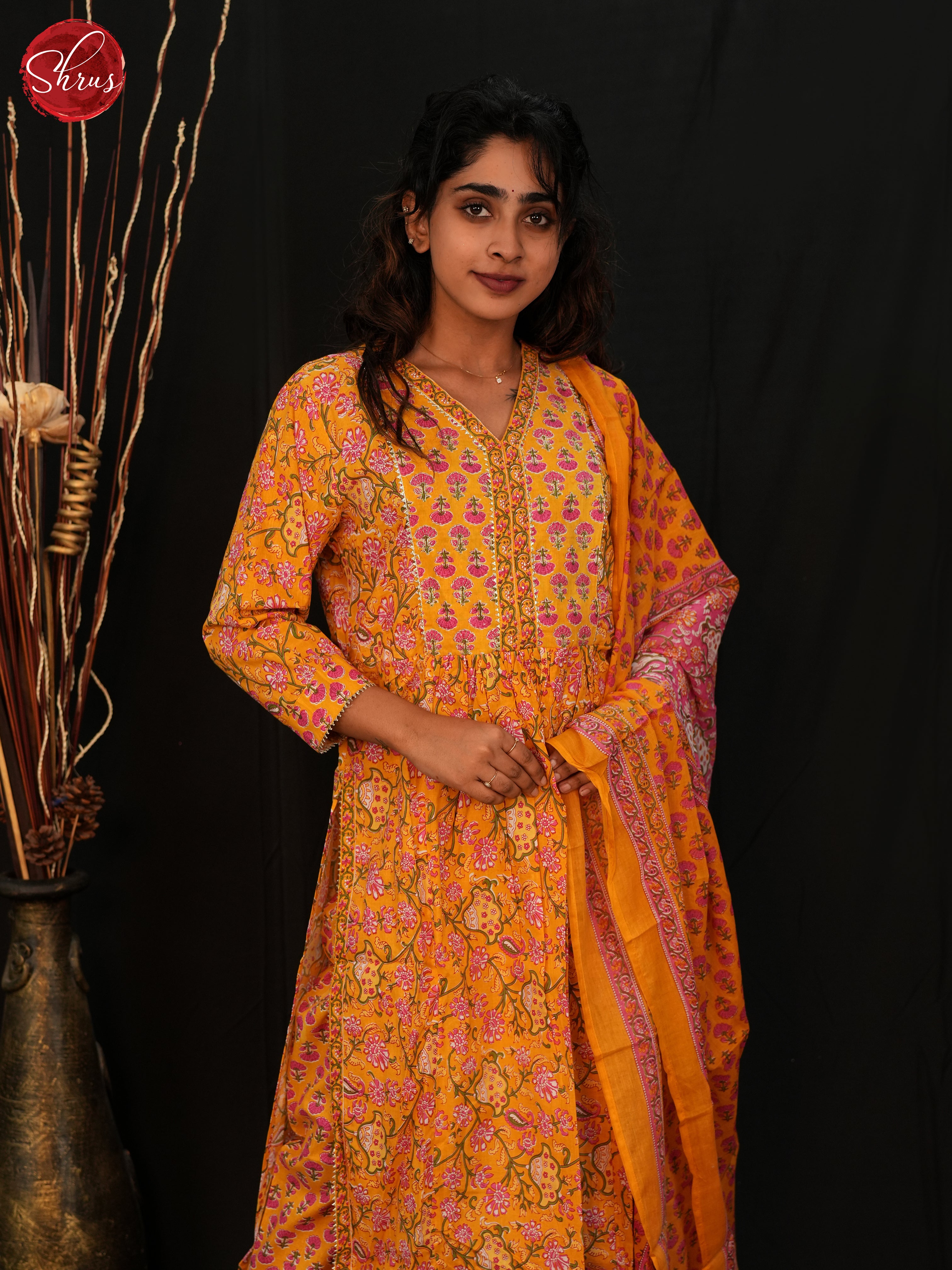 Yellow & Pink- Readymade Salwar Suit with floral print - Shop on ShrusEternity.com