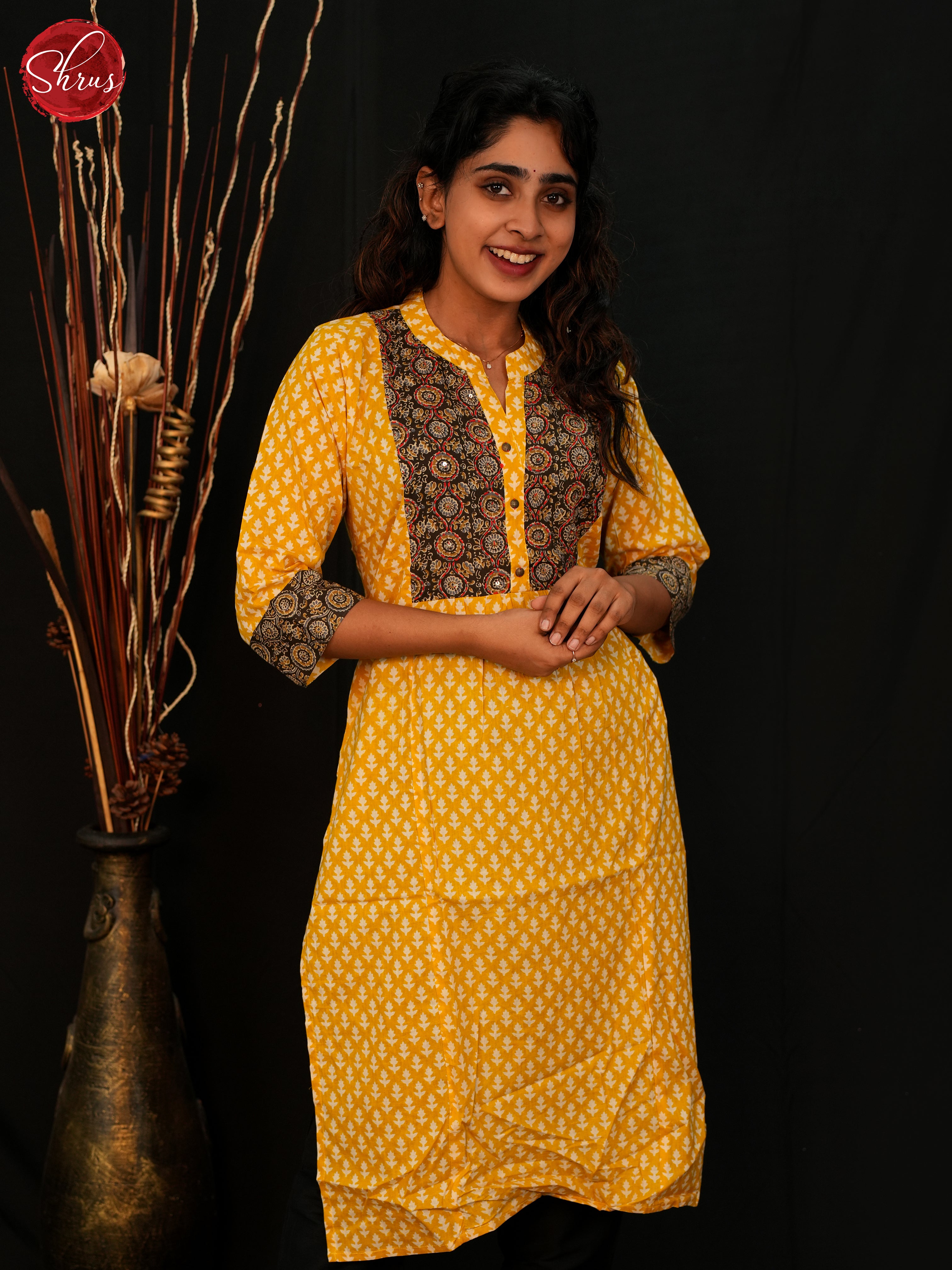 Yellow & Black - Readymade Cotton Straight Kurti with floral print - Shop on ShrusEternity.com