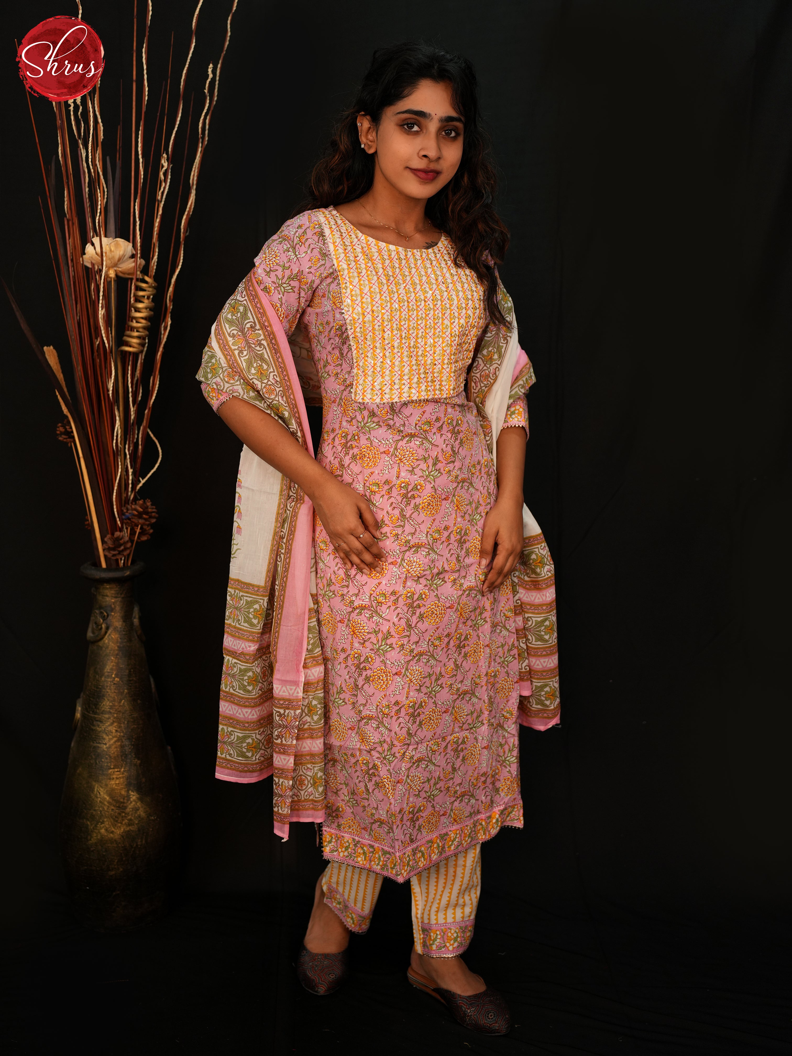Pink & White- Jaipuri Printed Cotton 3 Piece Readymade Salwar - Shop on ShrusEternity.com