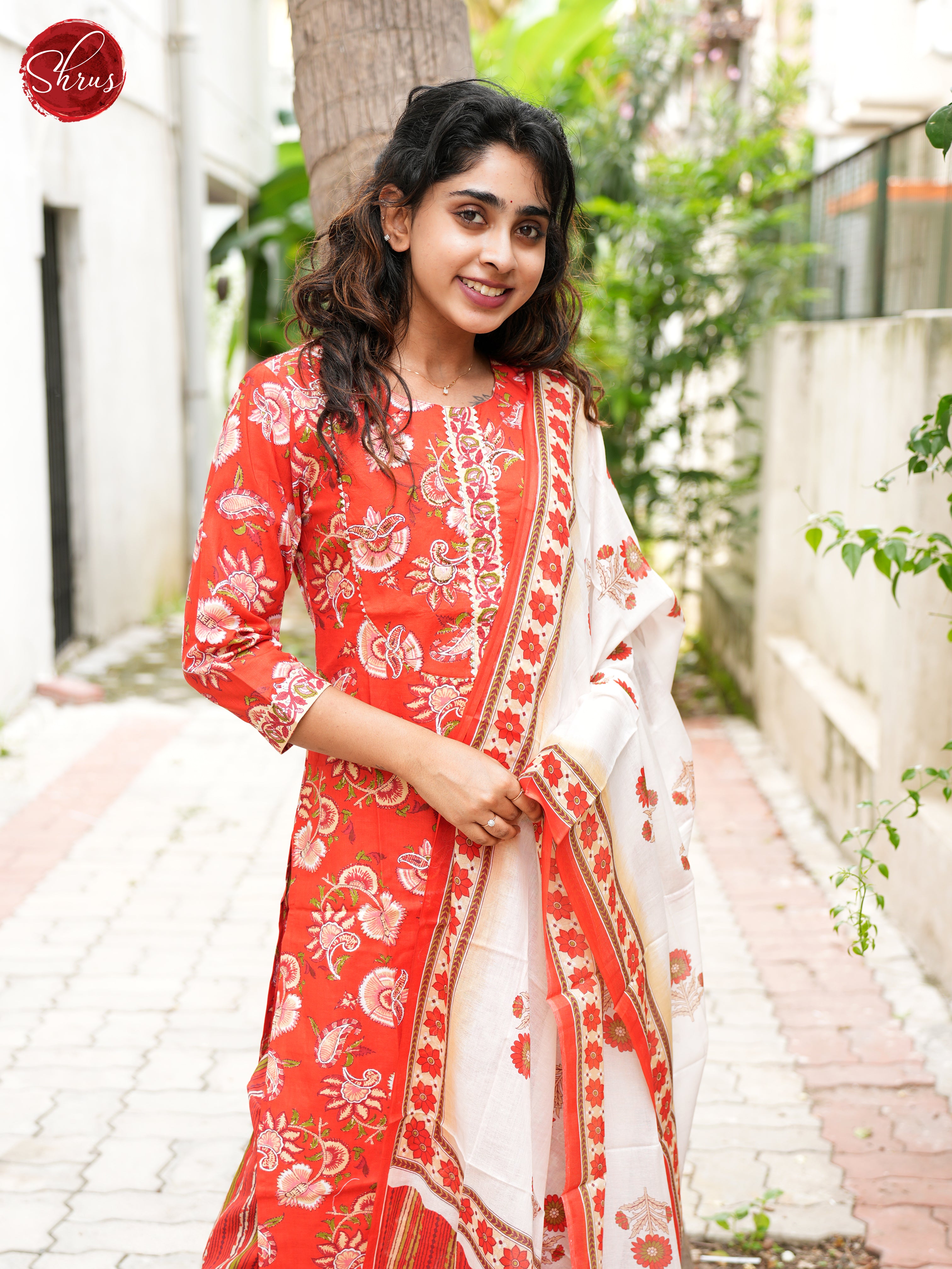 Red & White - Jaipuri Printed Cotton 3 Piece Readymade Salwar - Shop on ShrusEternity.com