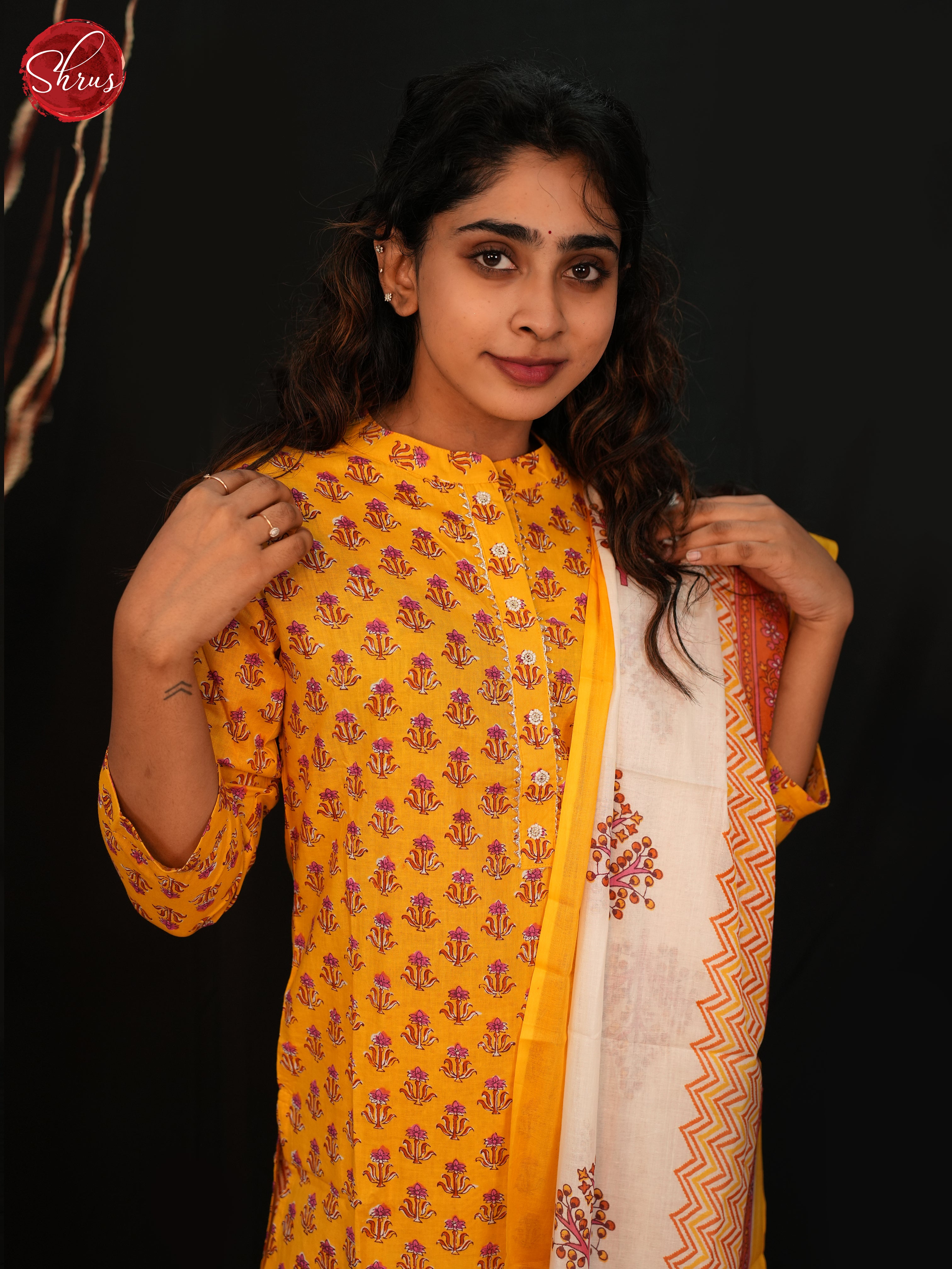 Yellow & White - Jaipuri Printed Cotton 3 Piece Readymade Salwar - Shop on ShrusEternity.com