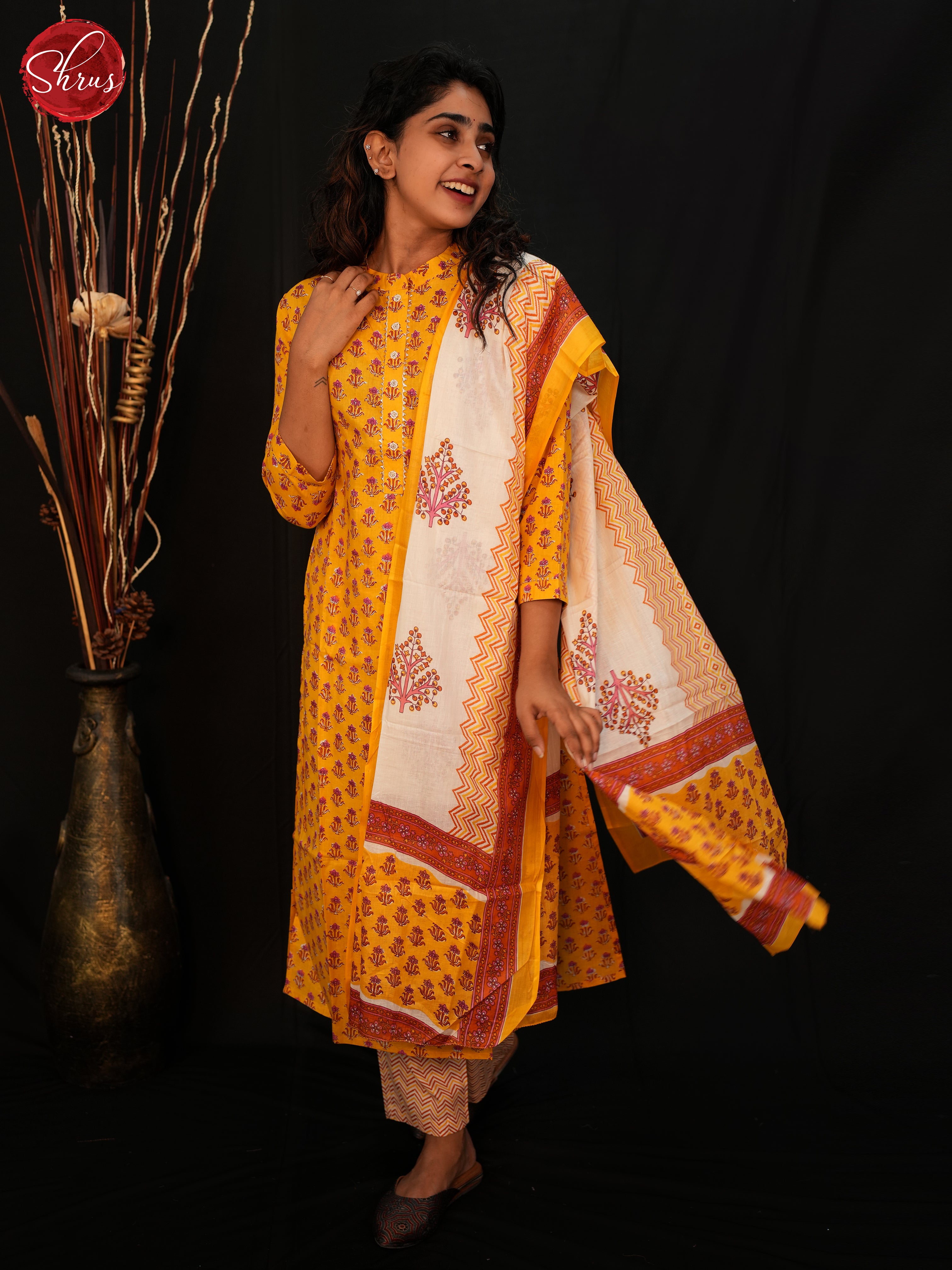 Yellow & White - Jaipuri Printed Cotton 3 Piece Readymade Salwar - Shop on ShrusEternity.com