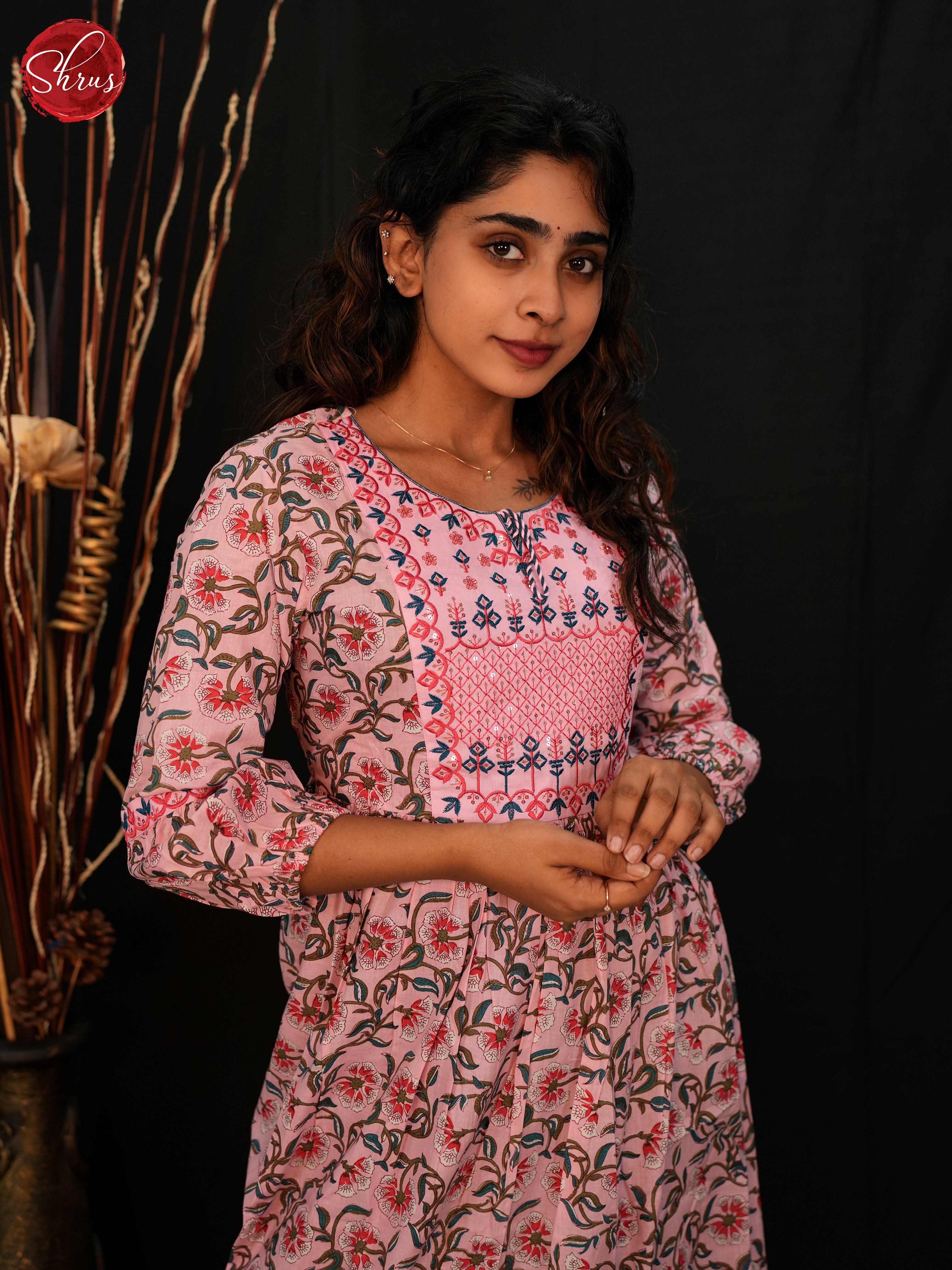 Pink- Readymade Cotton Kurti with floral print - Shop on ShrusEternity.com
