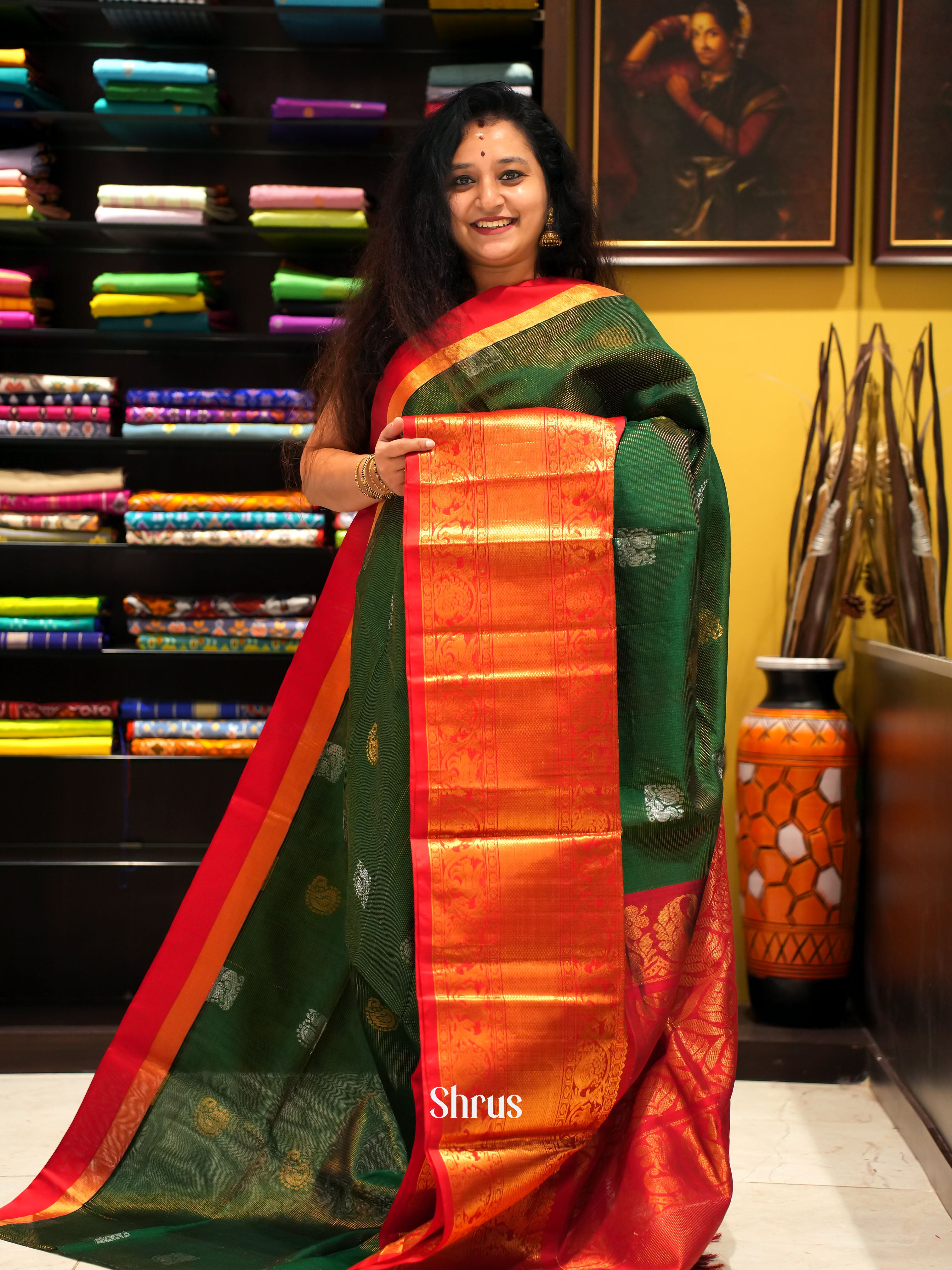 bottle green and Red- Silk Cotton Saree - Shop on ShrusEternity.com