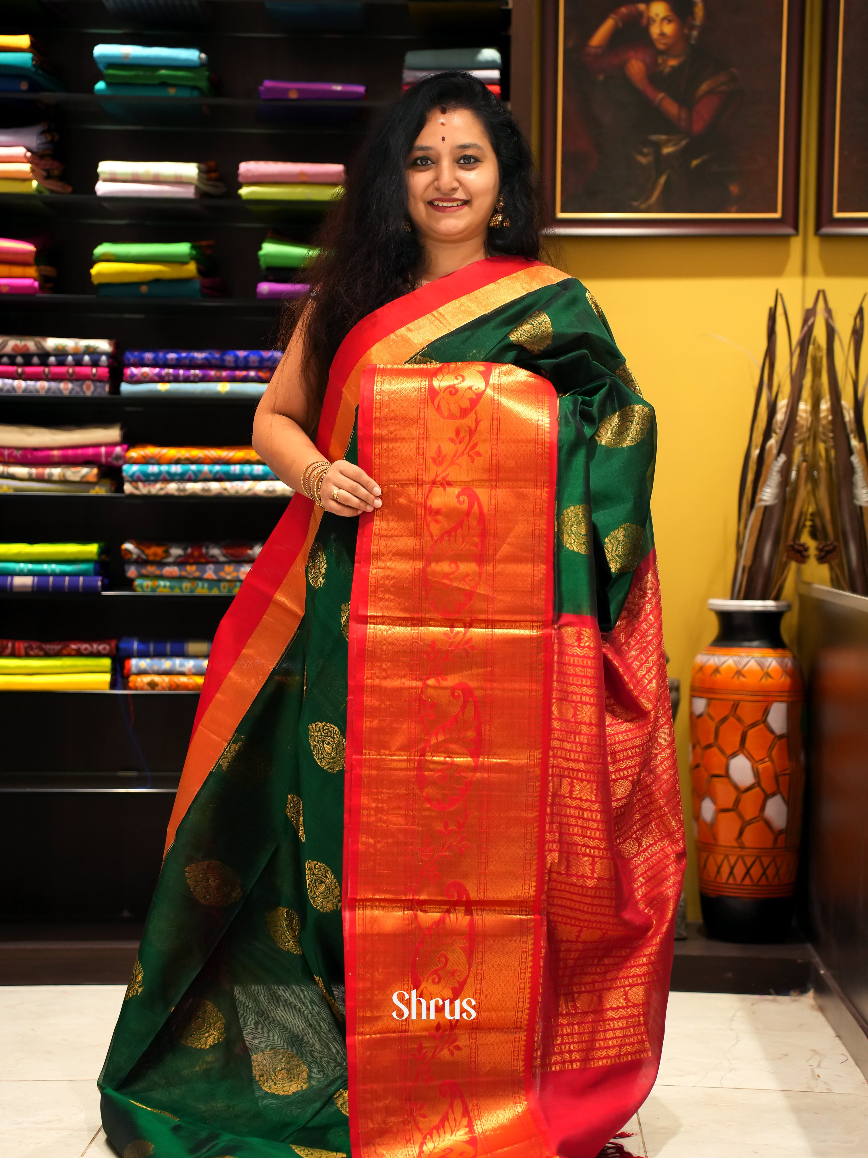 Green And Red- Silk Cotton Saree - Shop on ShrusEternity.com
