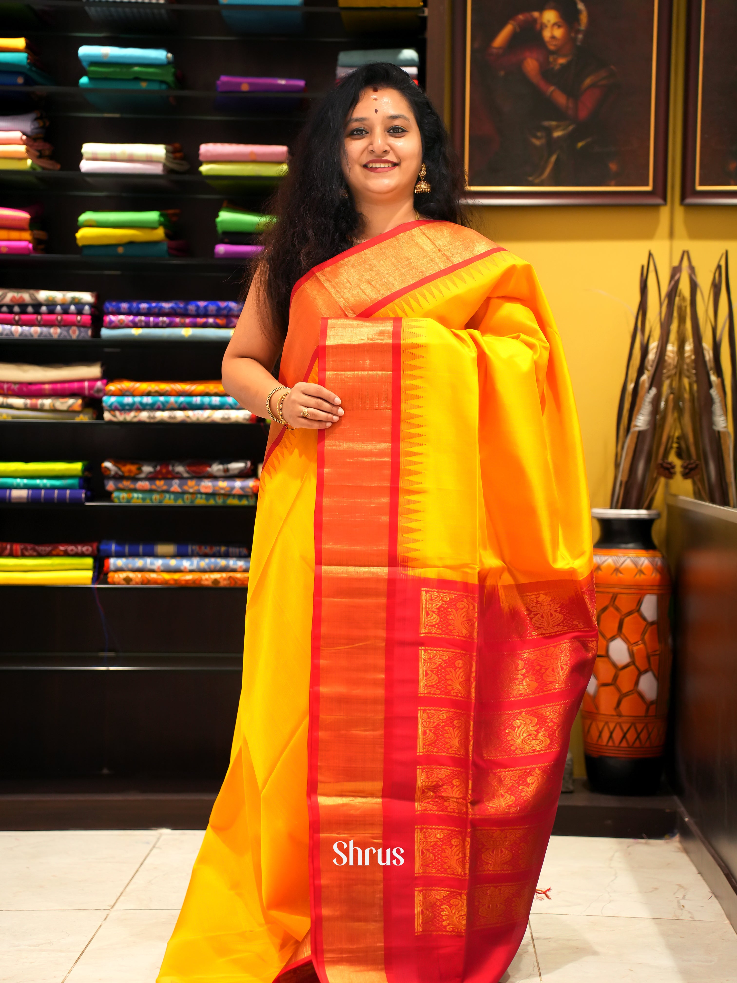 Yellow And Red-Silk Cotton Saree - Shop on ShrusEternity.com