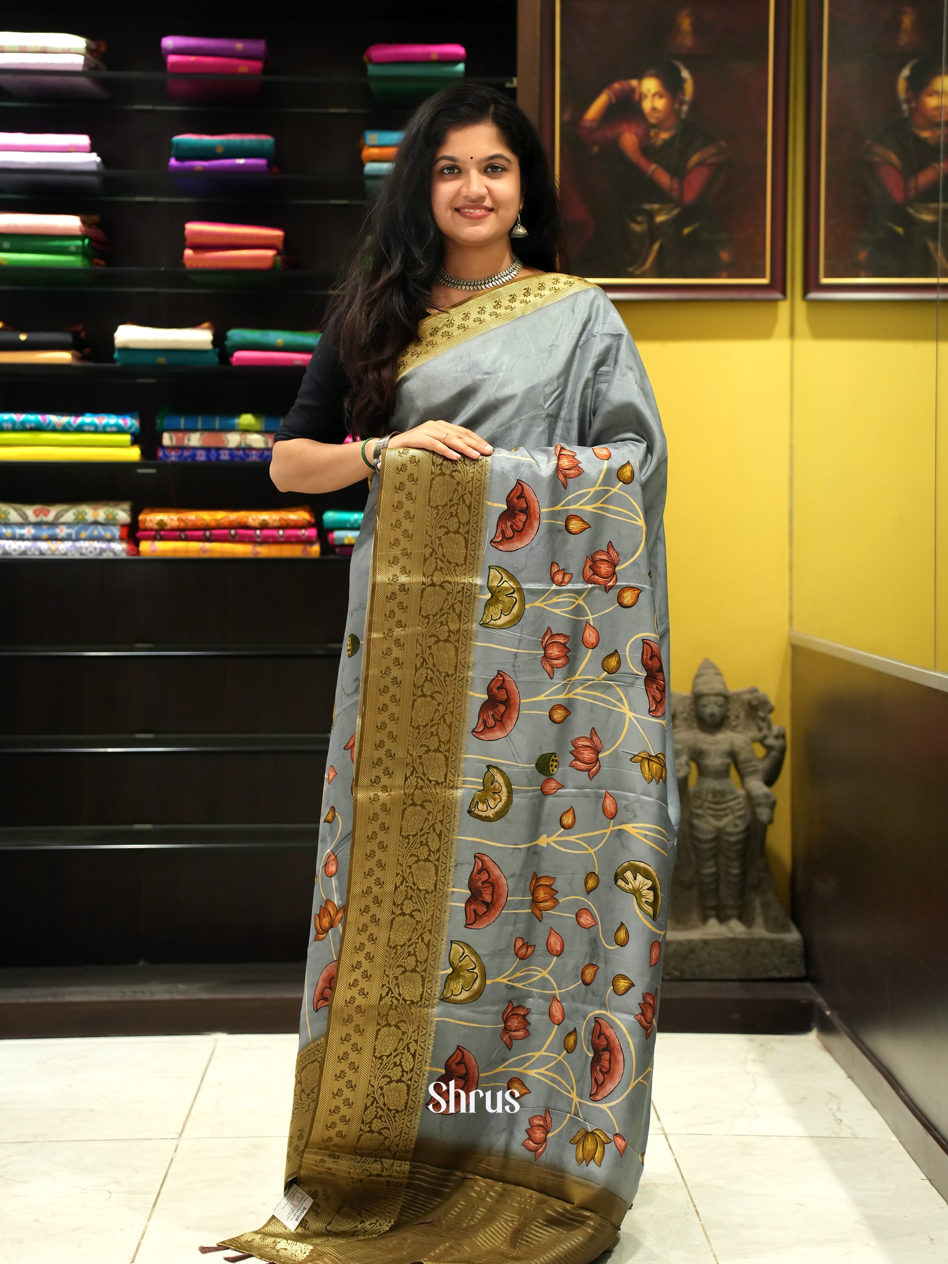 Grey & Brown - Semi Crepe Saree - Shop on ShrusEternity.com