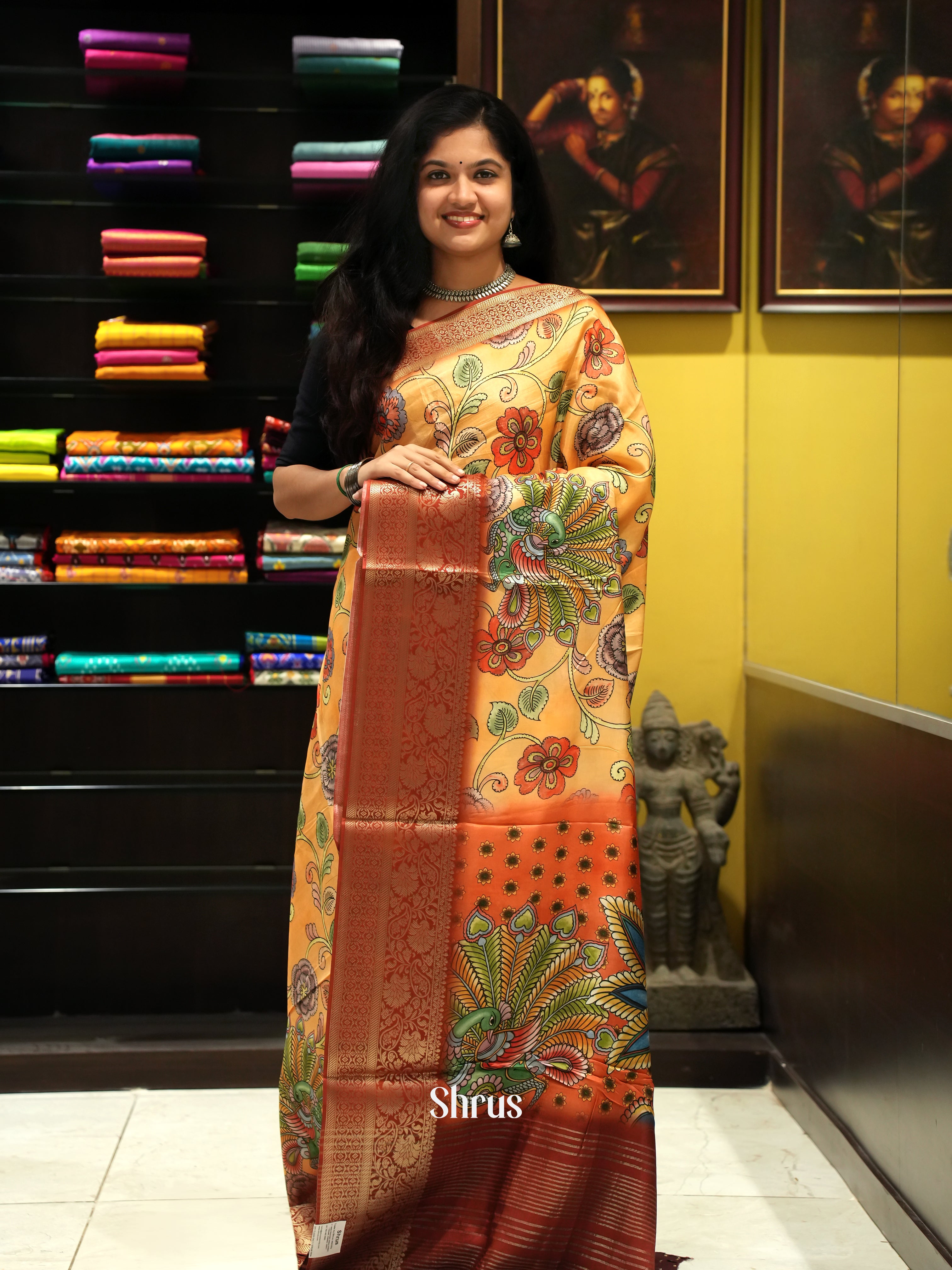 Orange & Brow - Semi Crepe Saree - Shop on ShrusEternity.com