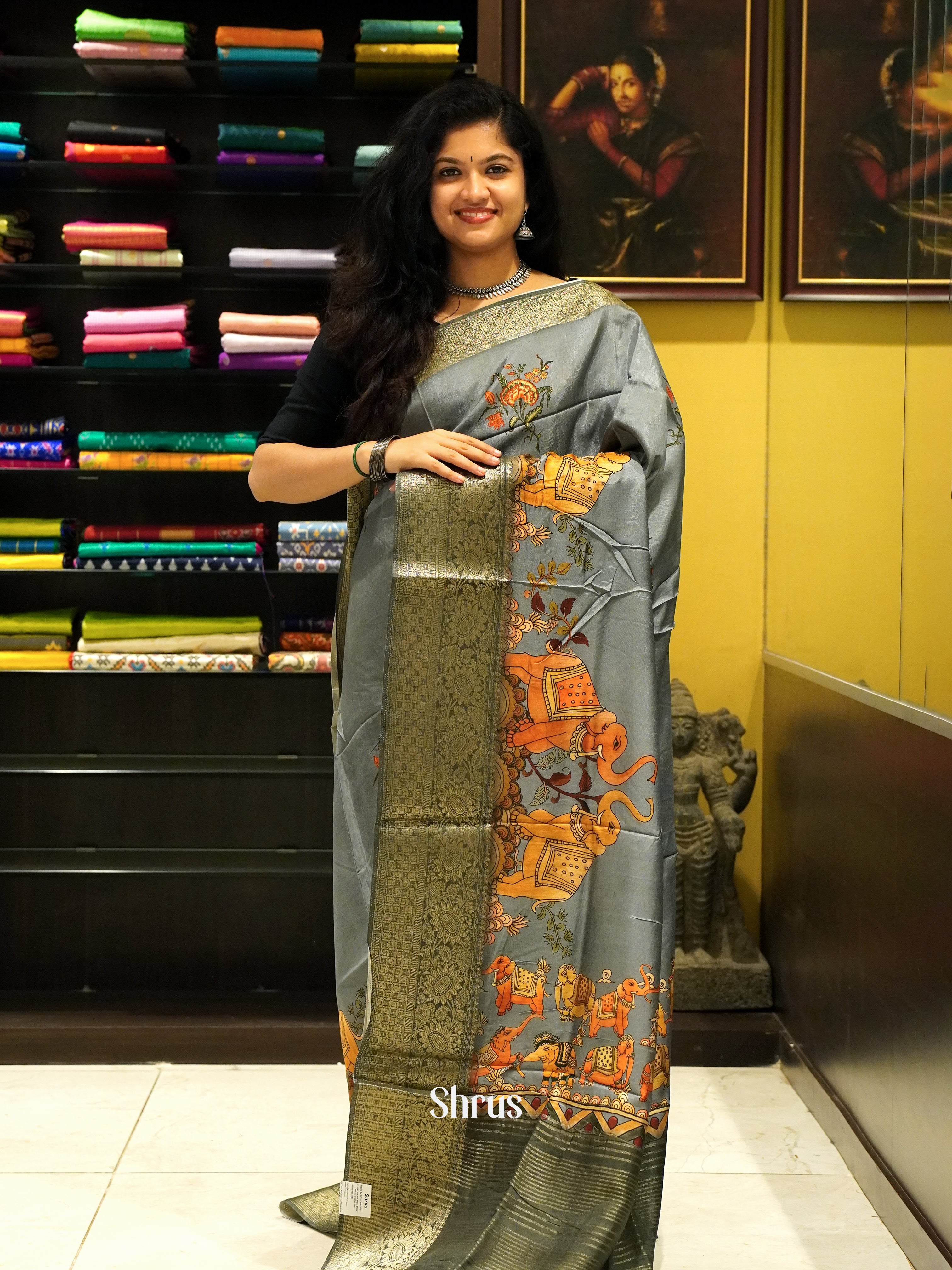 Grey & Black - Semi crepe Saree - Shop on ShrusEternity.com