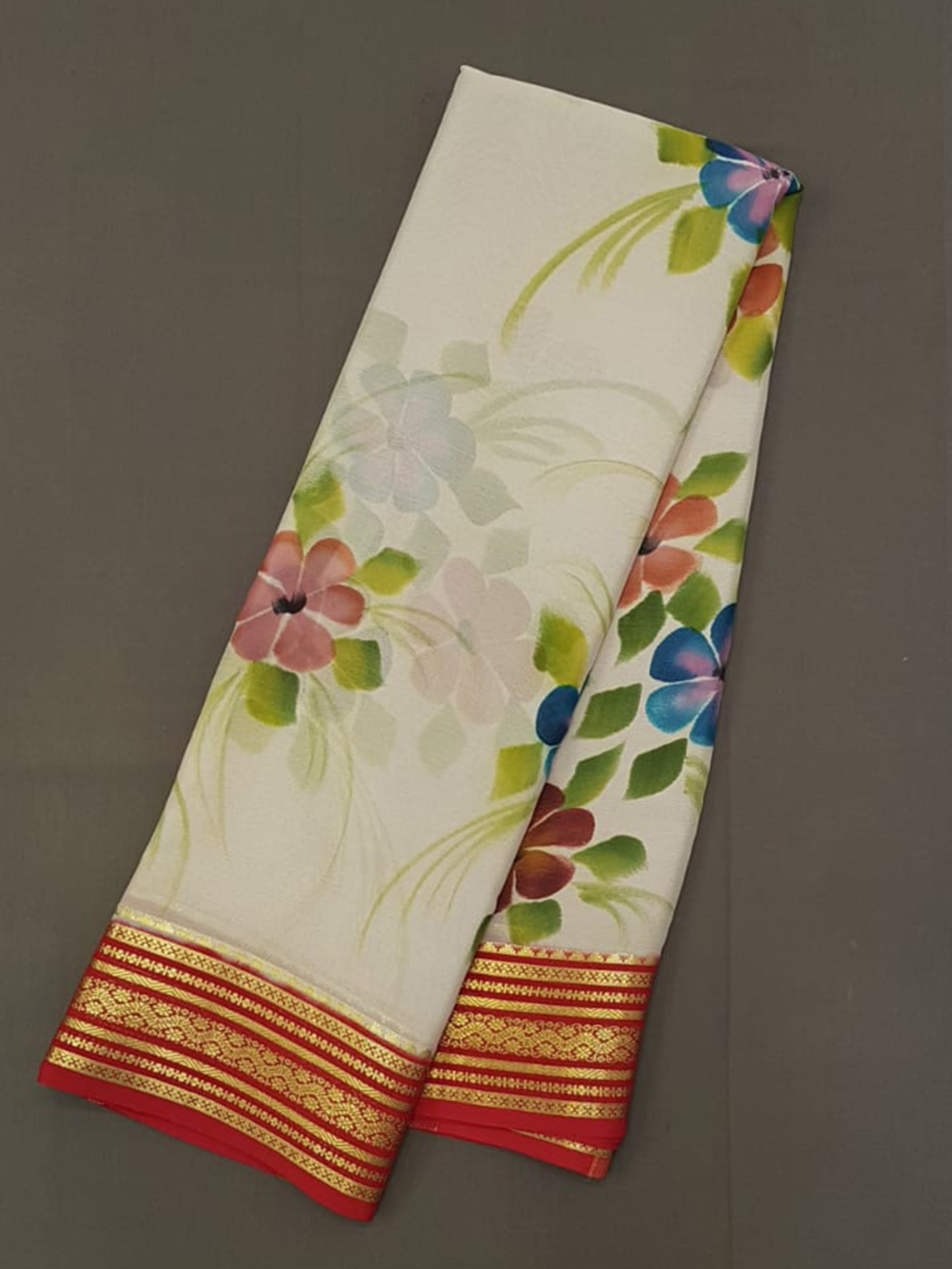 Grey & Red - Mysore Silk Saree - Shop on ShrusEternity.com