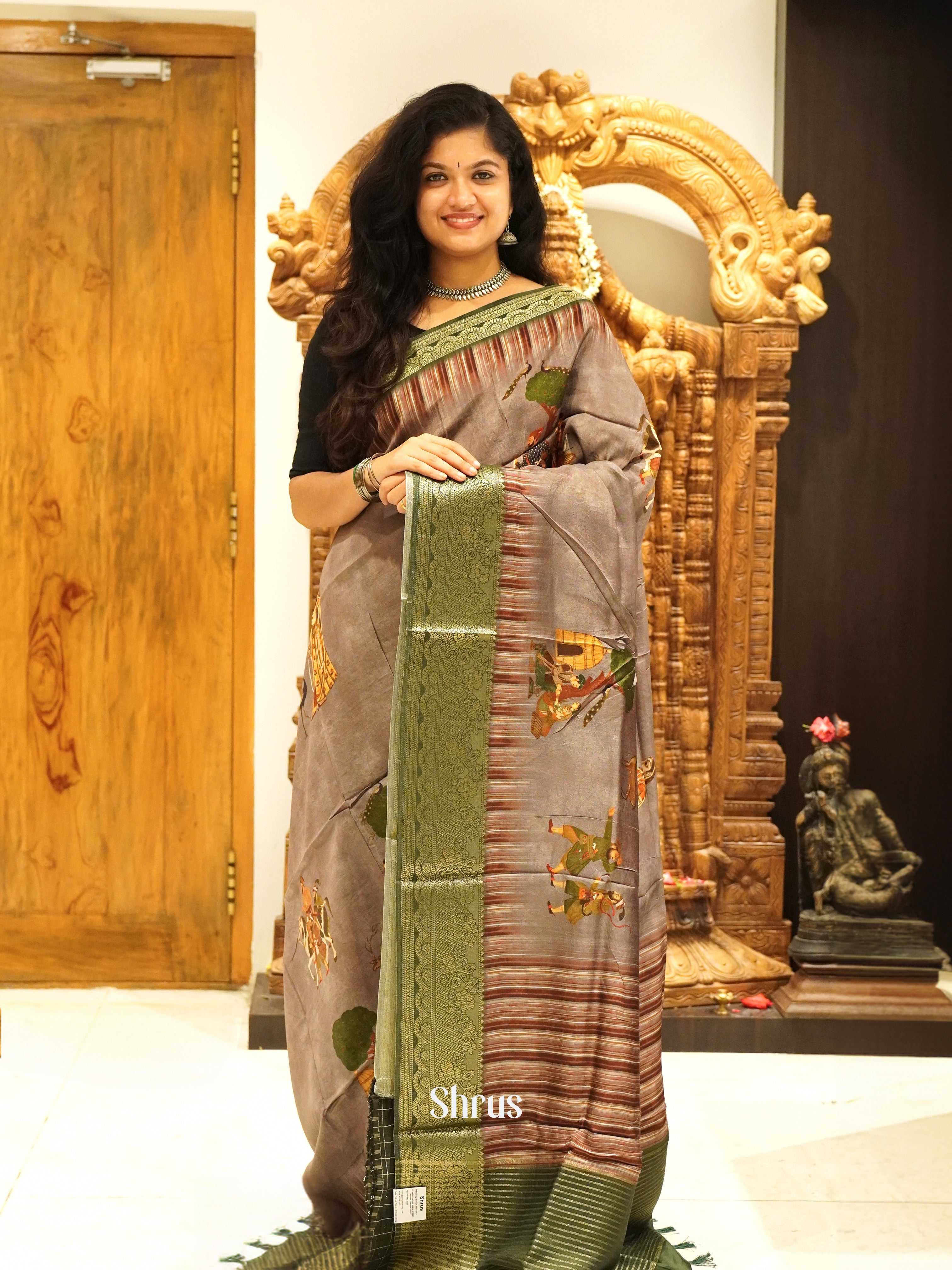 Double Shaded Grey & Green - Semi Crepe Saree - Shop on ShrusEternity.com