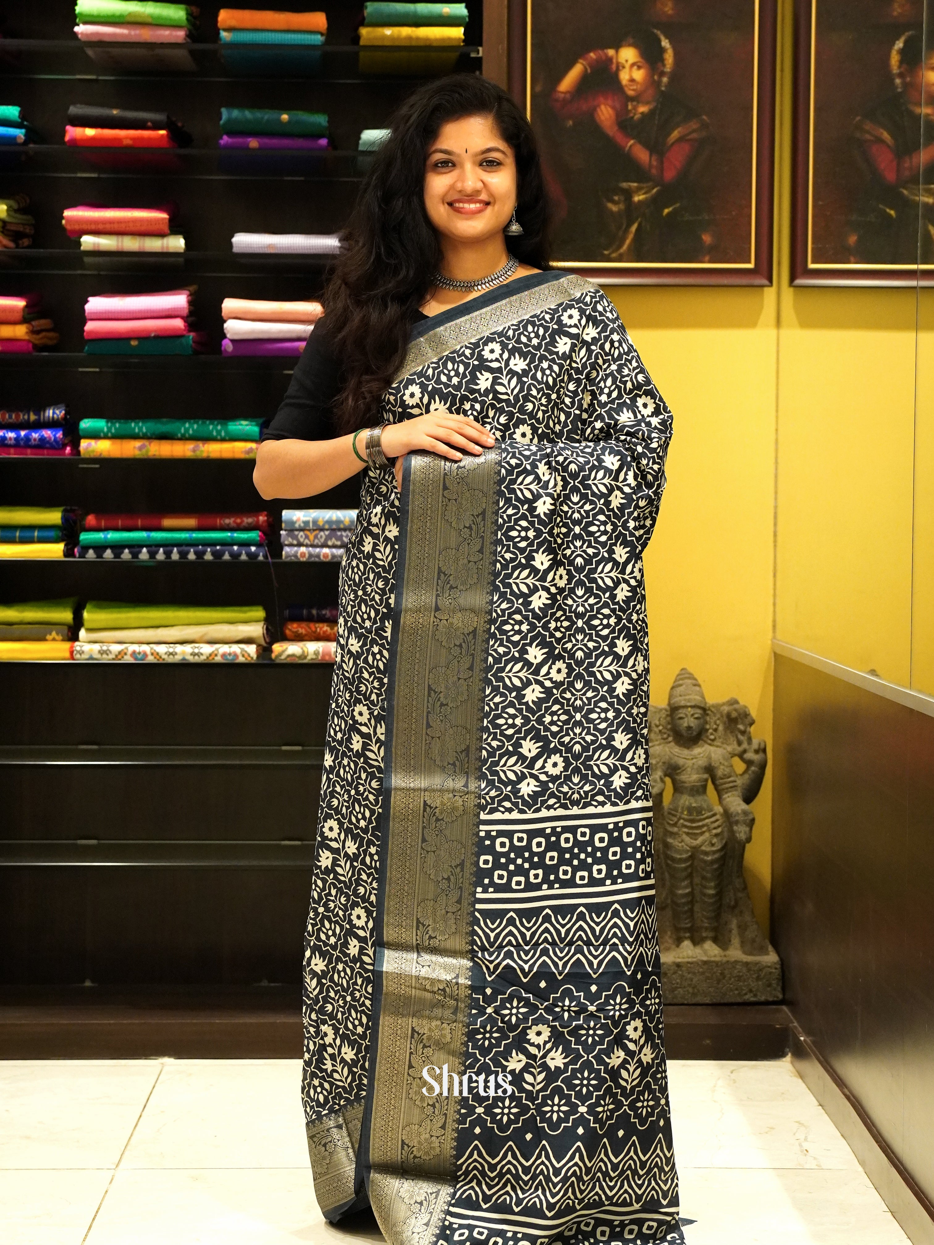 Navy Blue(Single Tone) - Semi Crepe Saree - Shop on ShrusEternity.com