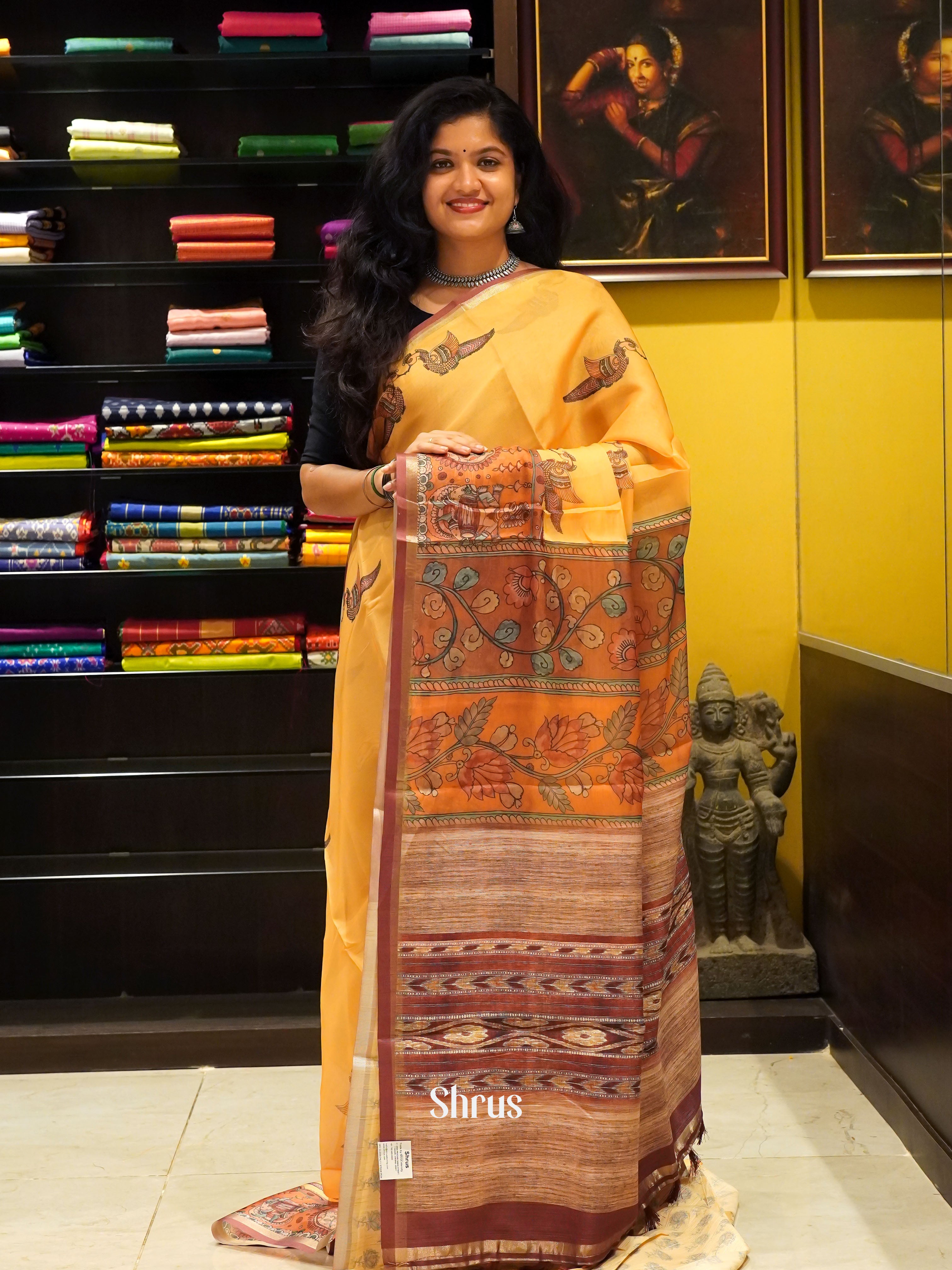 Yellow & Orange - Semi Organza Saree - Shop on ShrusEternity.com