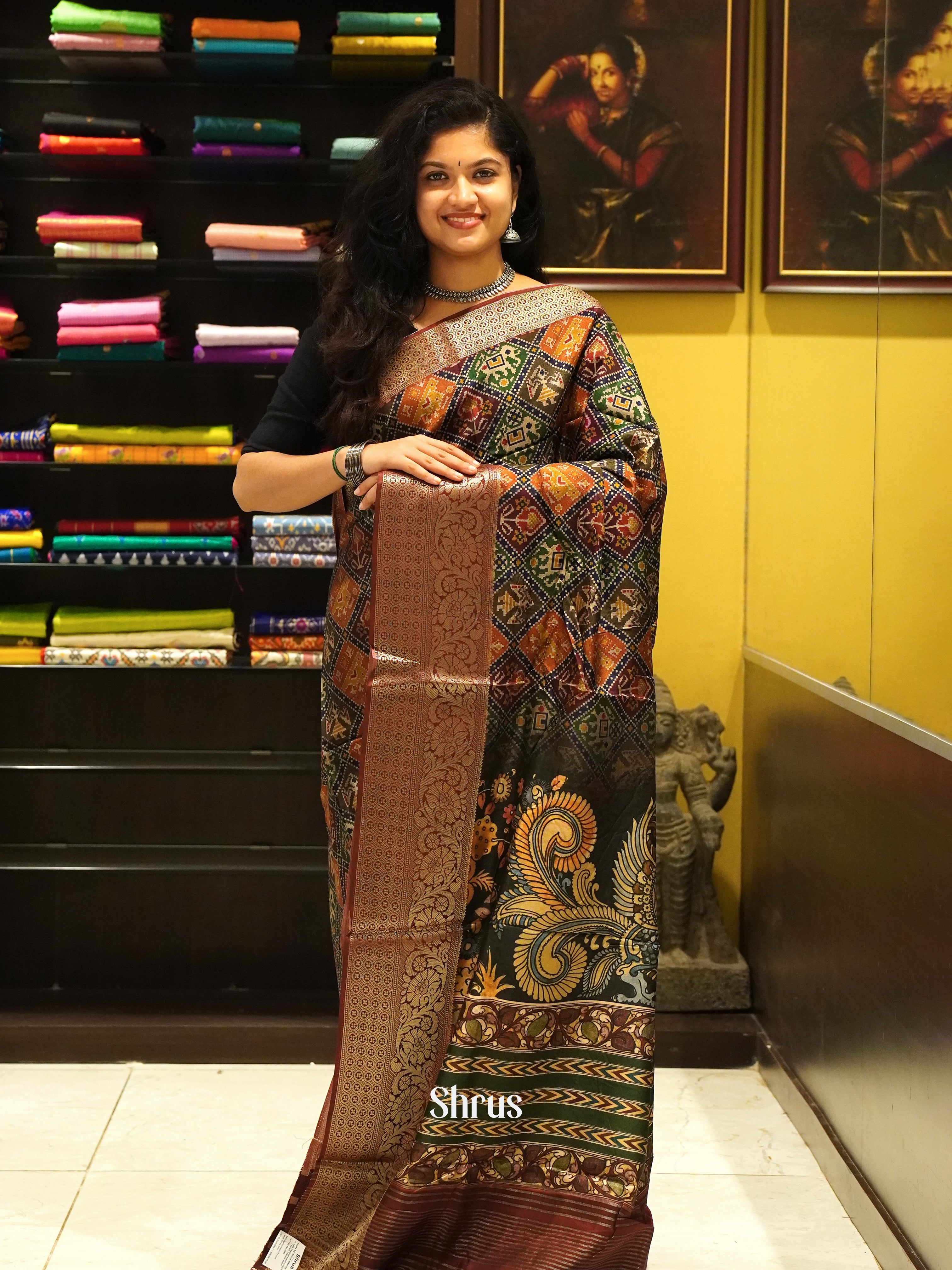 Green & Brown- Semi Crepe Saree - Shop on ShrusEternity.com