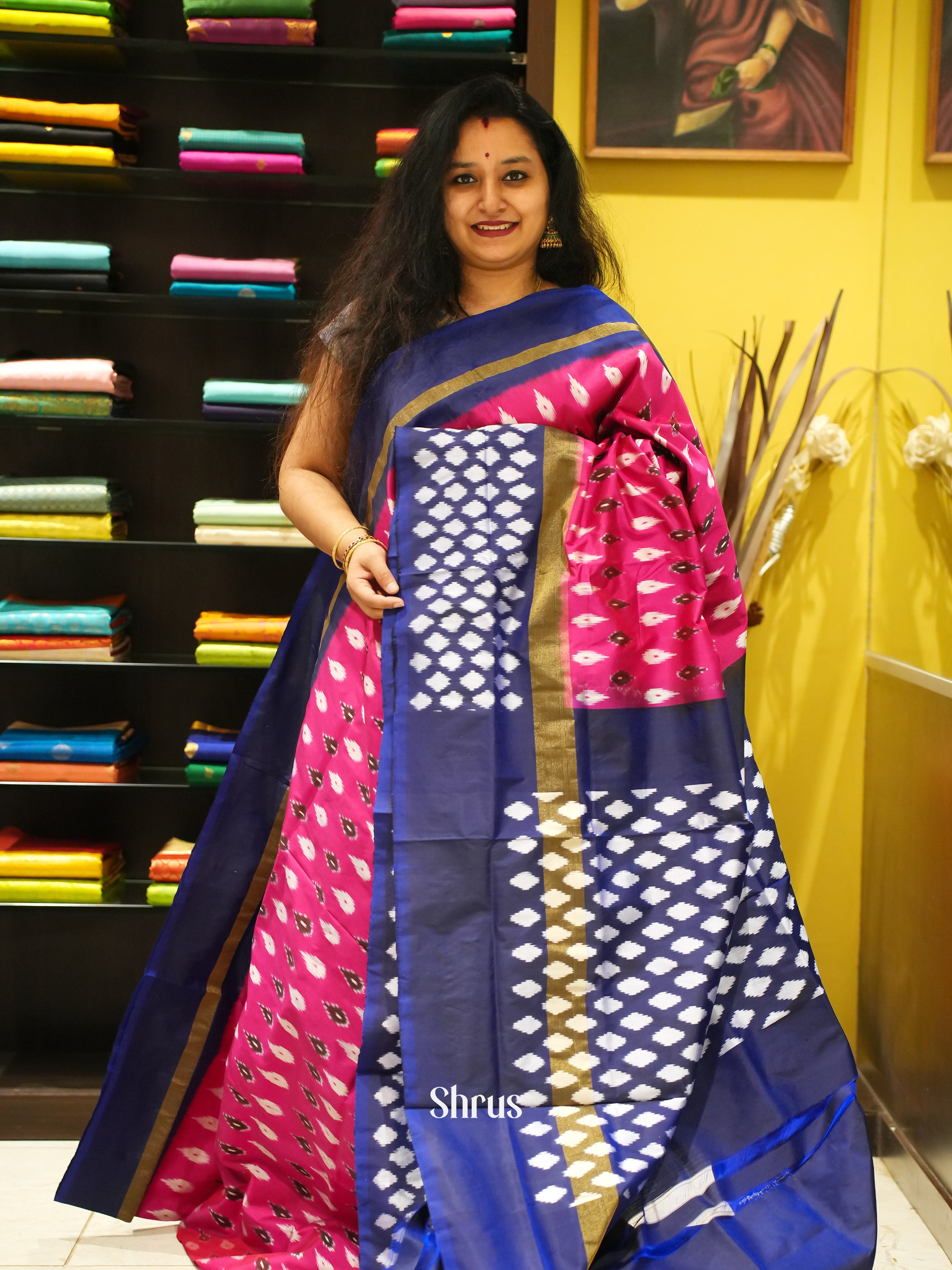 Pink & Blue- Ikkat Silk Saree - Shop on ShrusEternity.com