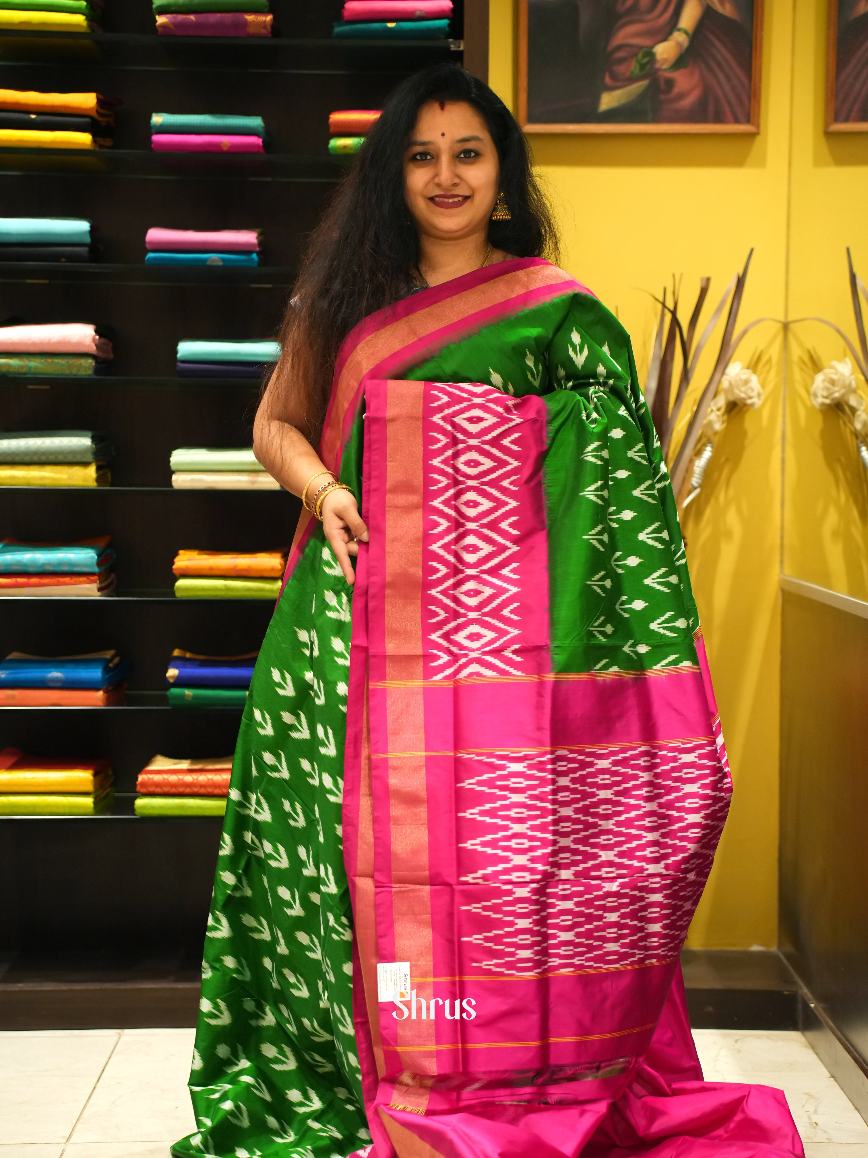 green and pink- Ikkat Silk Saree - Shop on ShrusEternity.com