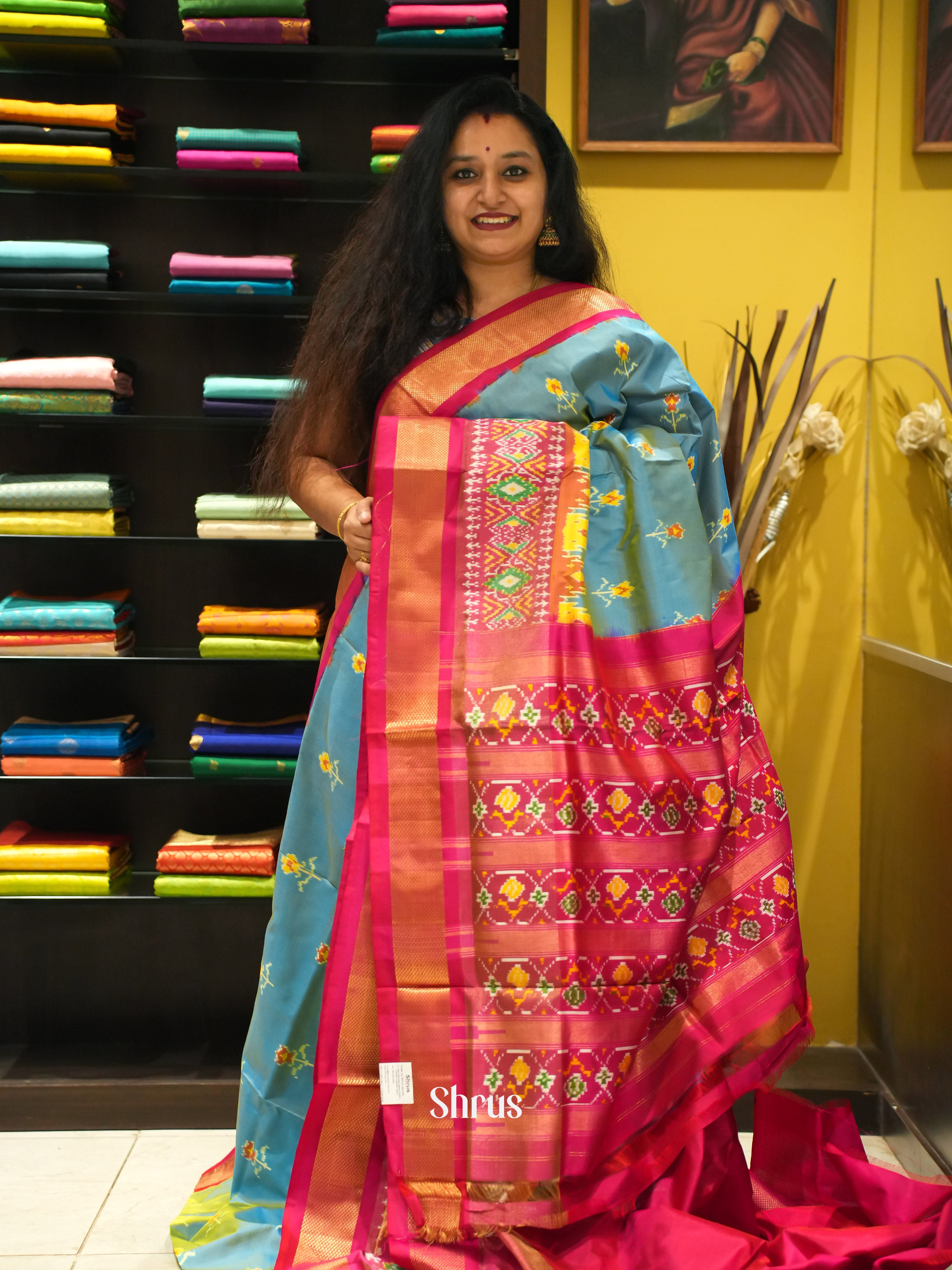 Teal Blue & Rani Pink- Ikkat Silk Saree - Shop on ShrusEternity.com
