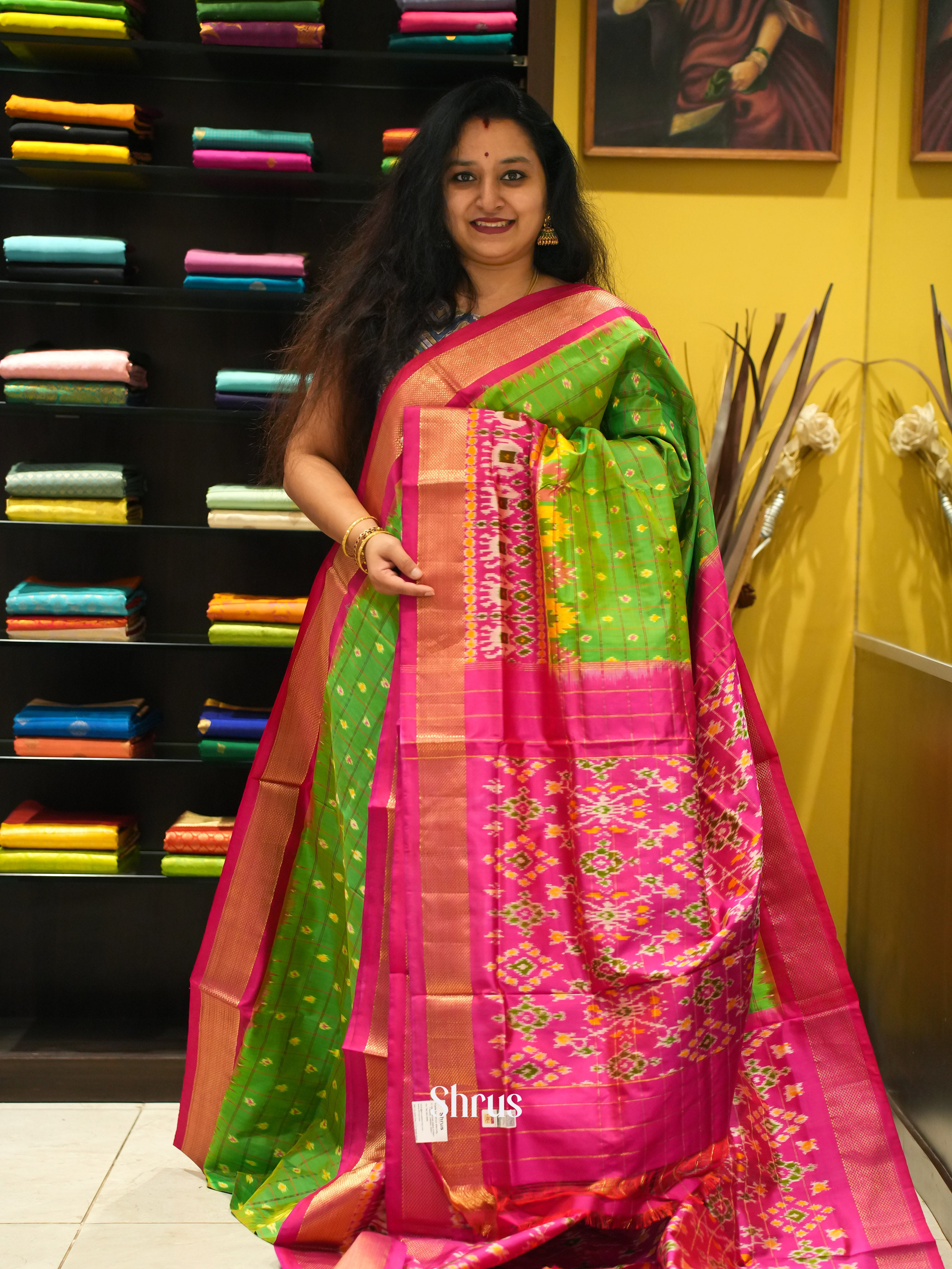 Green & PInk- Ikkat Silk Saree - Shop on ShrusEternity.com