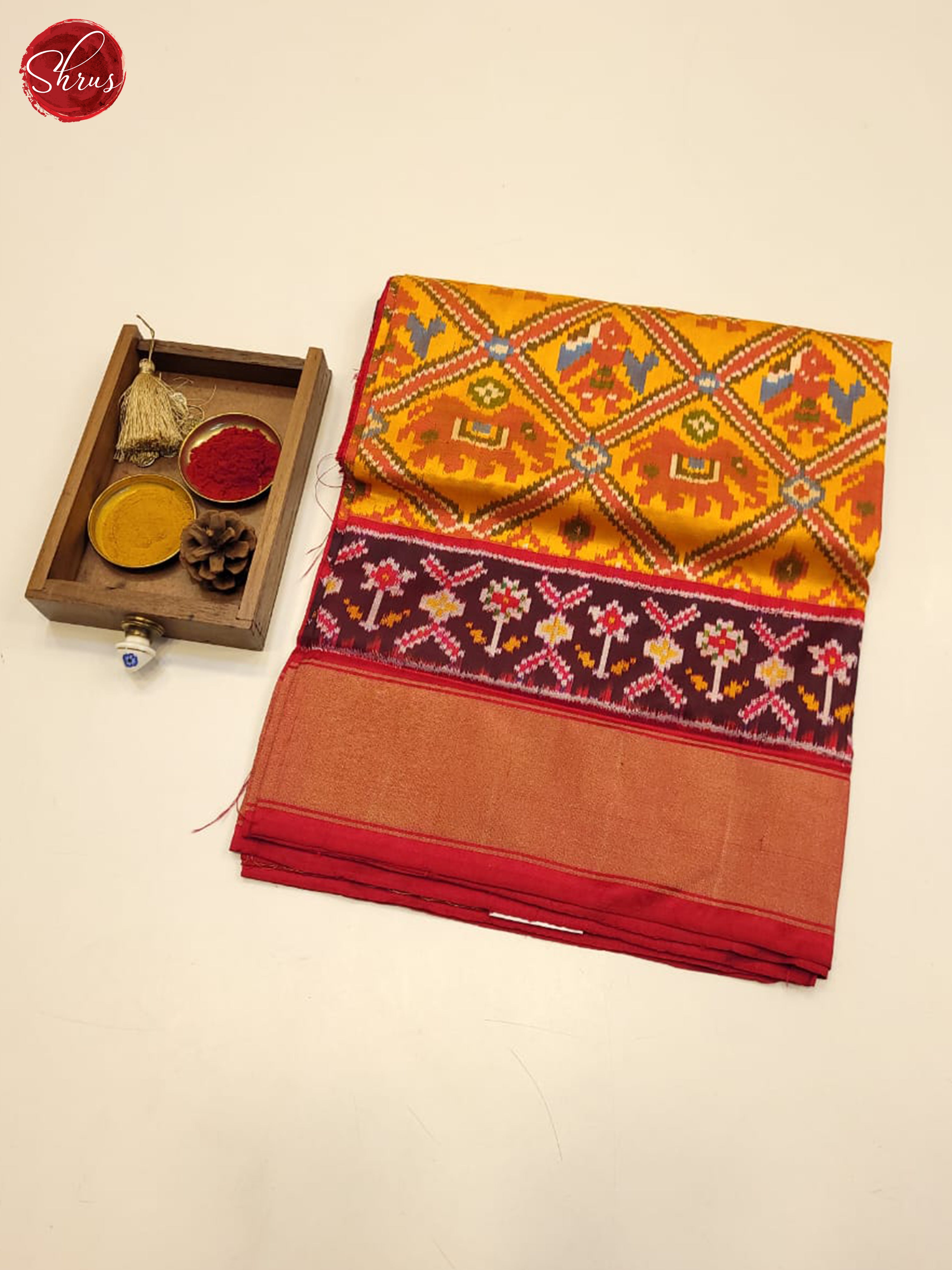 Mustard & Red - Ikkat Silk Saree - Shop on ShrusEternity.com