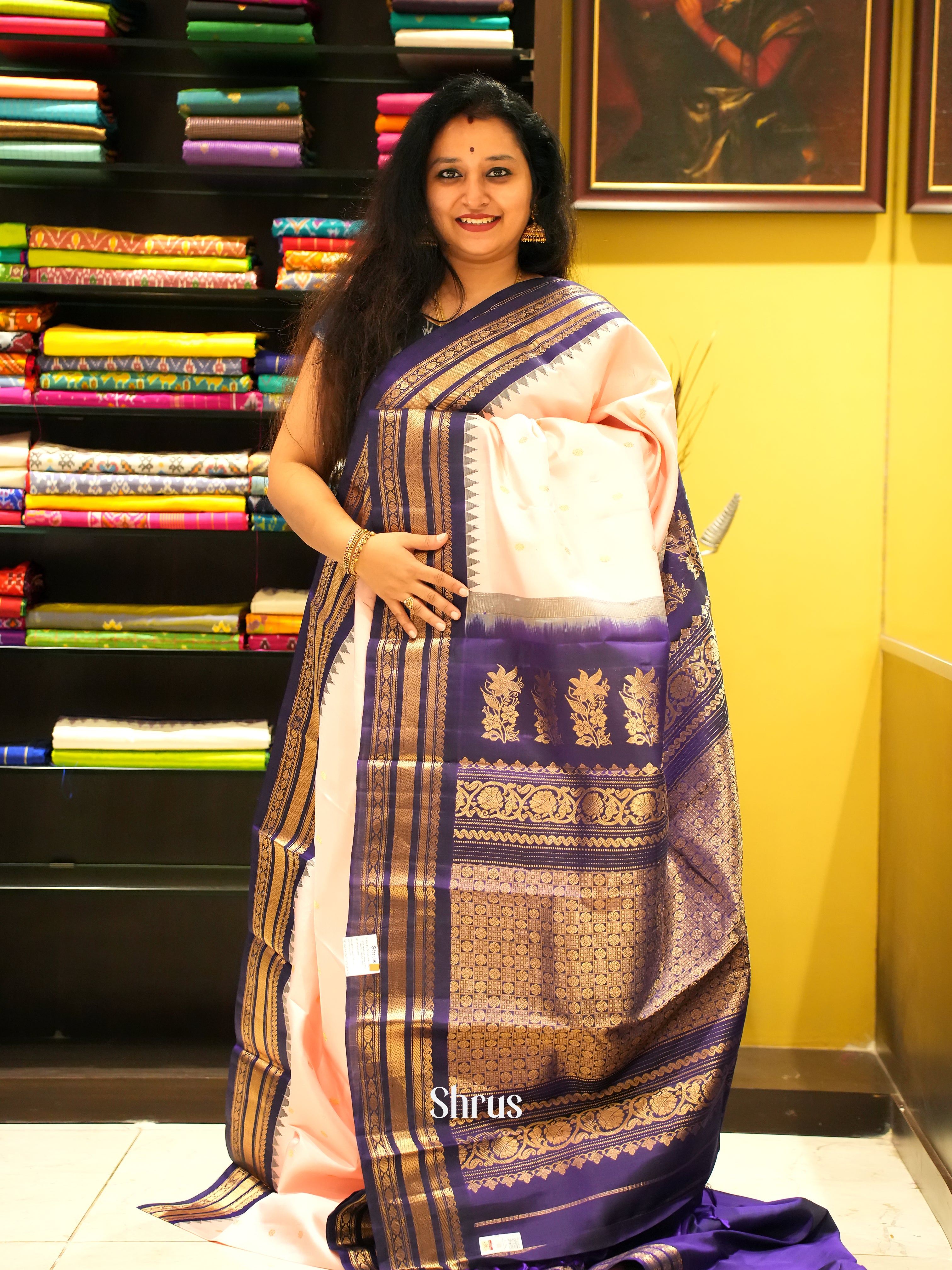 Peach Pink And Blue- Gadwal Silk - Shop on ShrusEternity.com