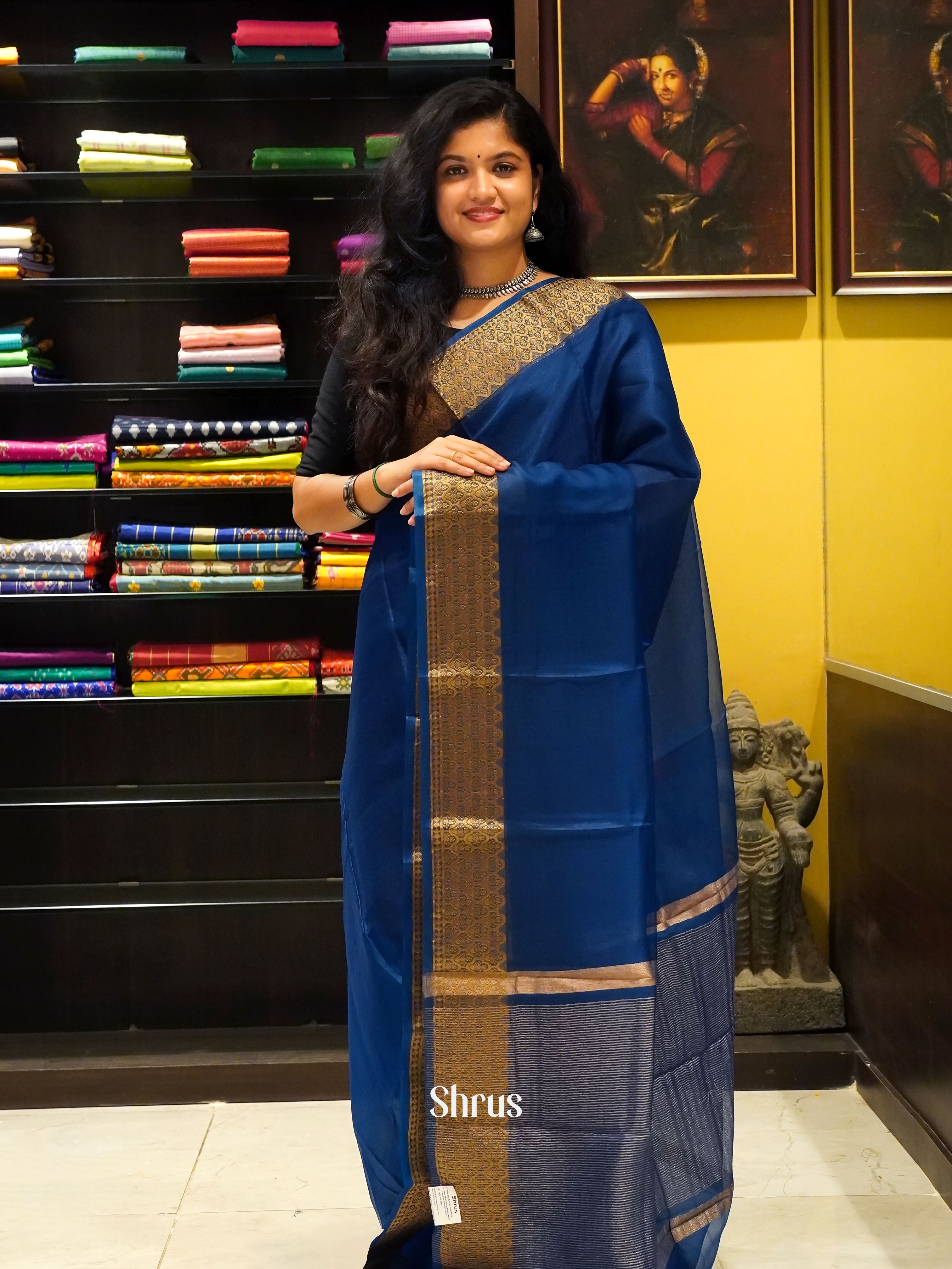 Blue(Single Tone) - Semi Organza Saree - Shop on ShrusEternity.com