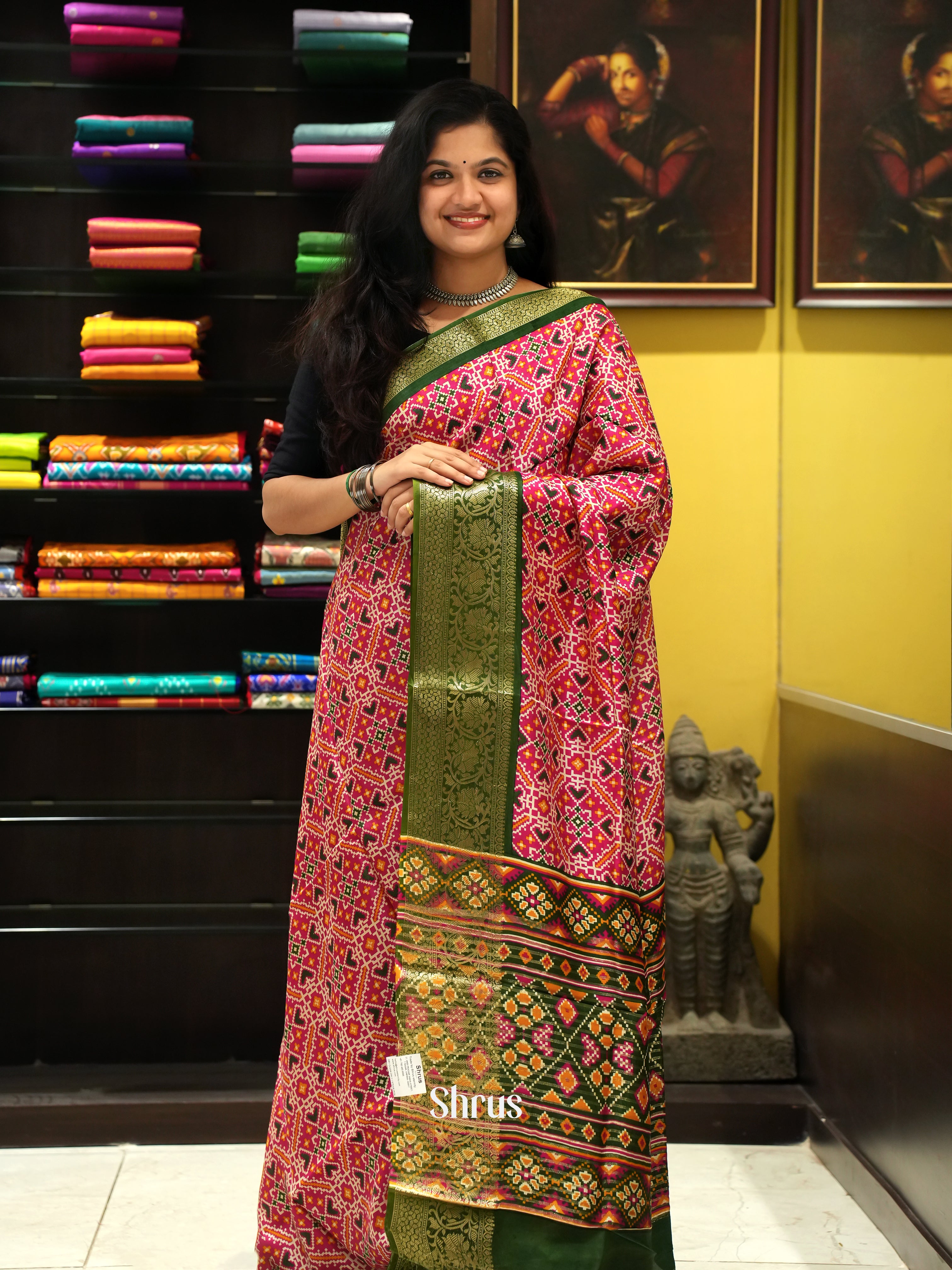 Pink & Green - Semi Crepe Saree - Shop on ShrusEternity.com