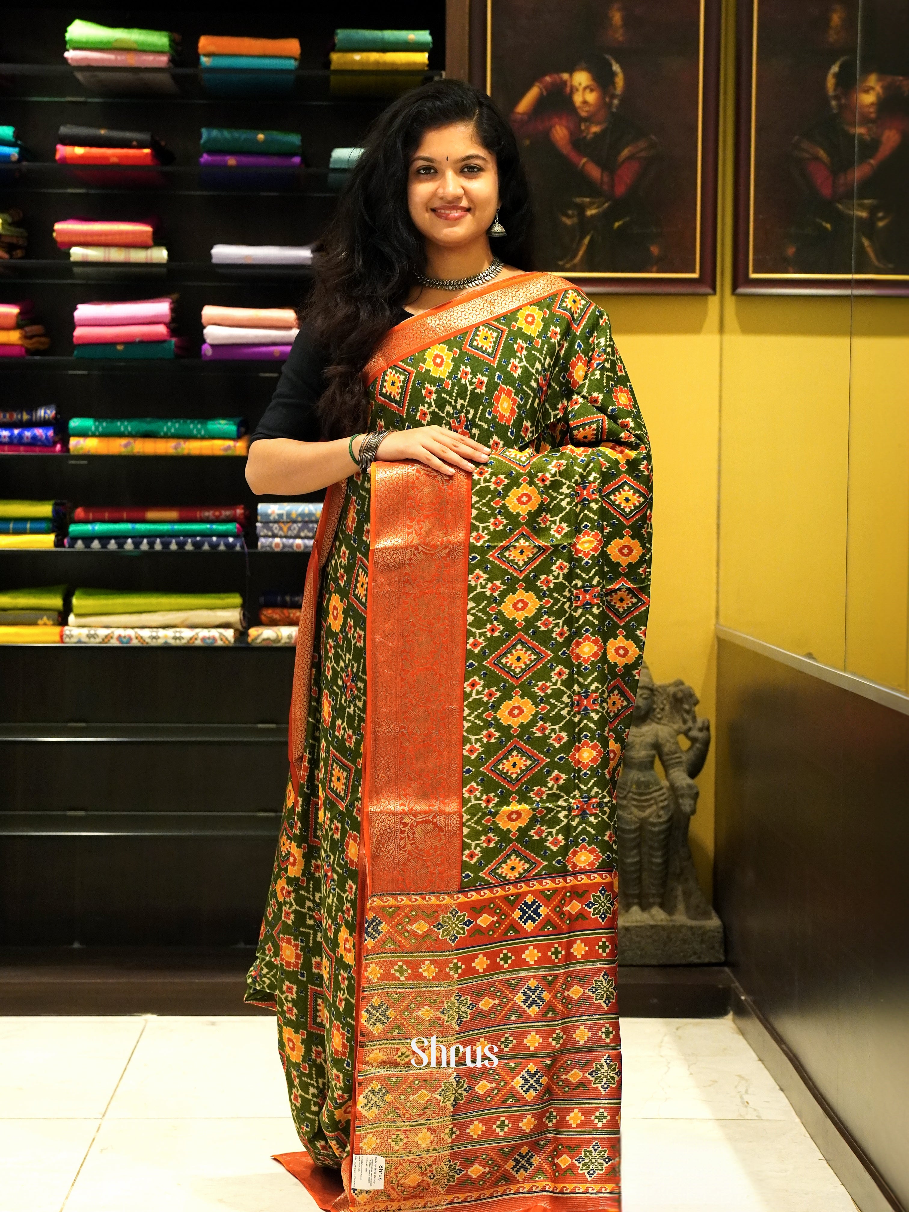 Green & Orange - Semi Crepe Saree - Shop on ShrusEternity.com