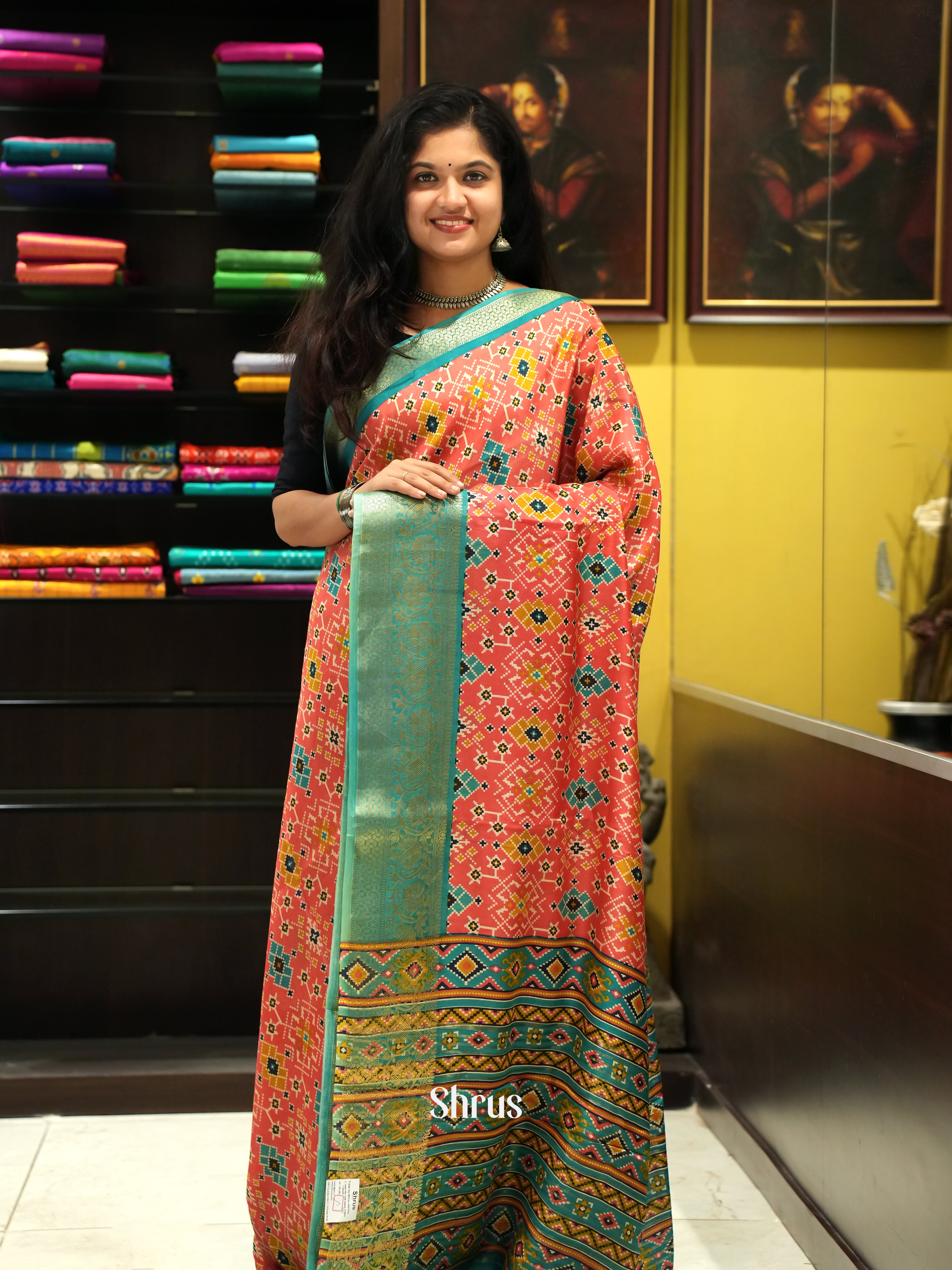 Peach & Green - Semi Crepe Saree - Shop on ShrusEternity.com