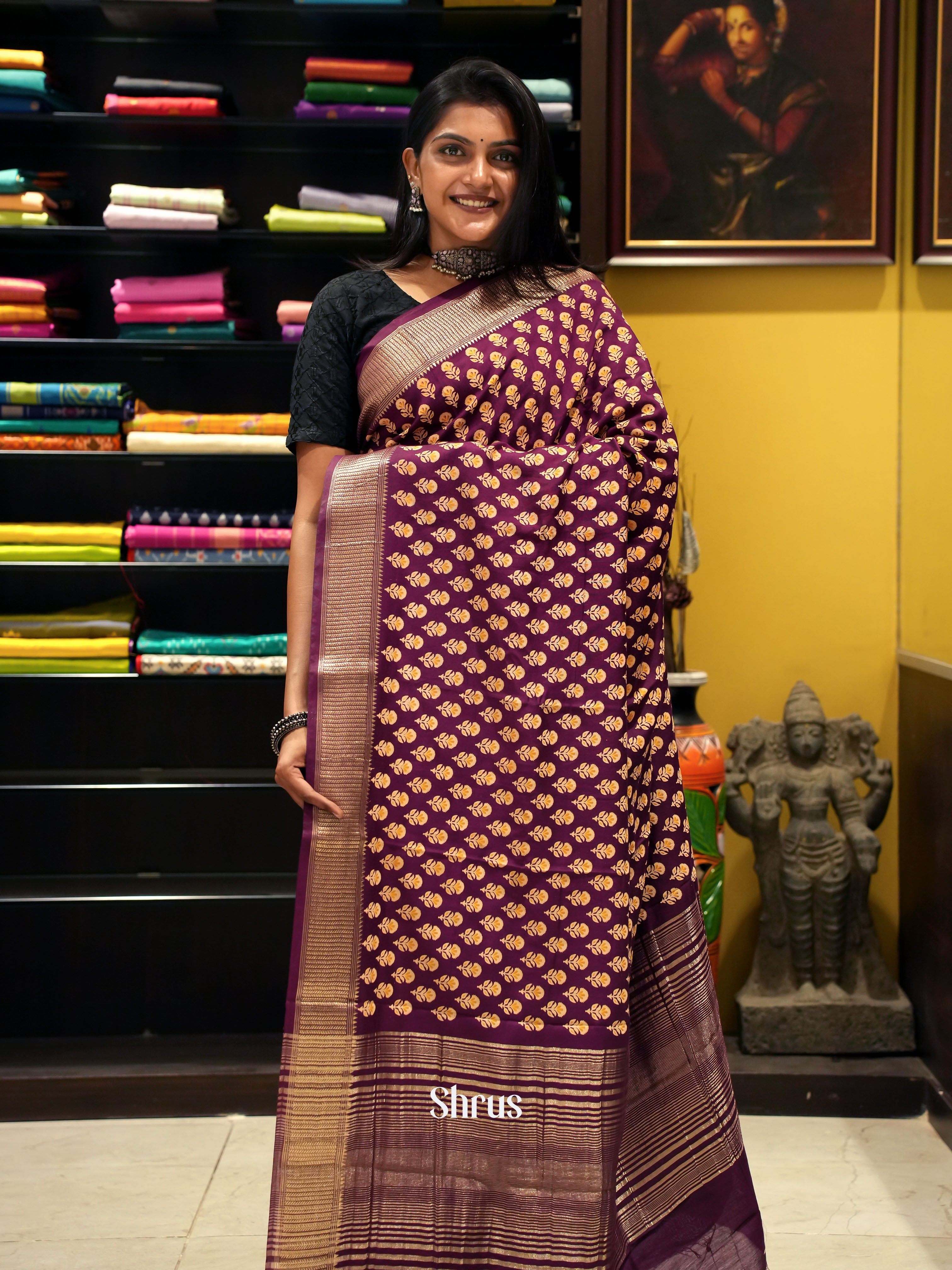 Wine(Single Tone)- Semi Chanderi Saree - Shop on ShrusEternity.com