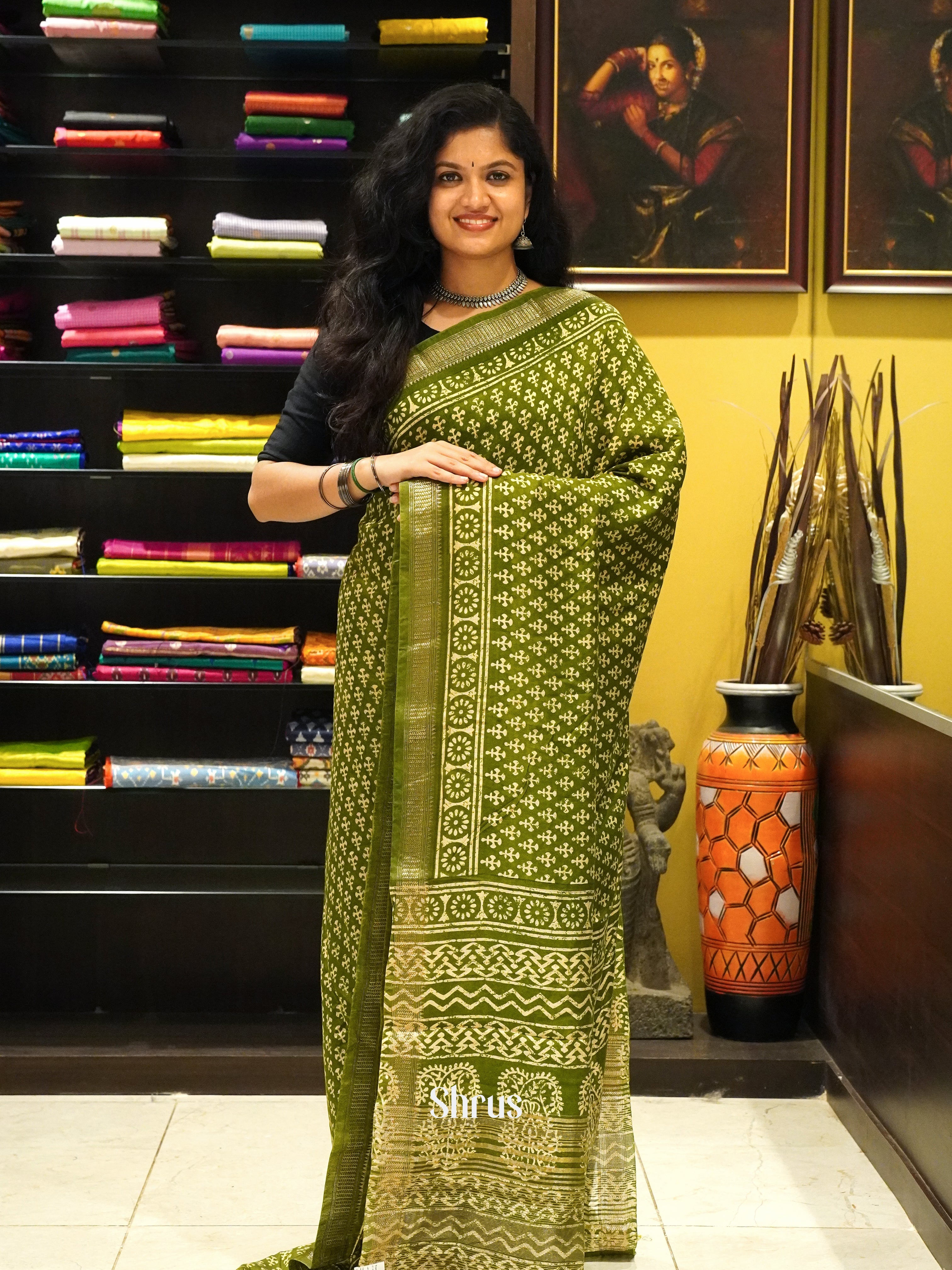 Green(Single Tone) - Semi Chanderi Saree - Shop on ShrusEternity.com