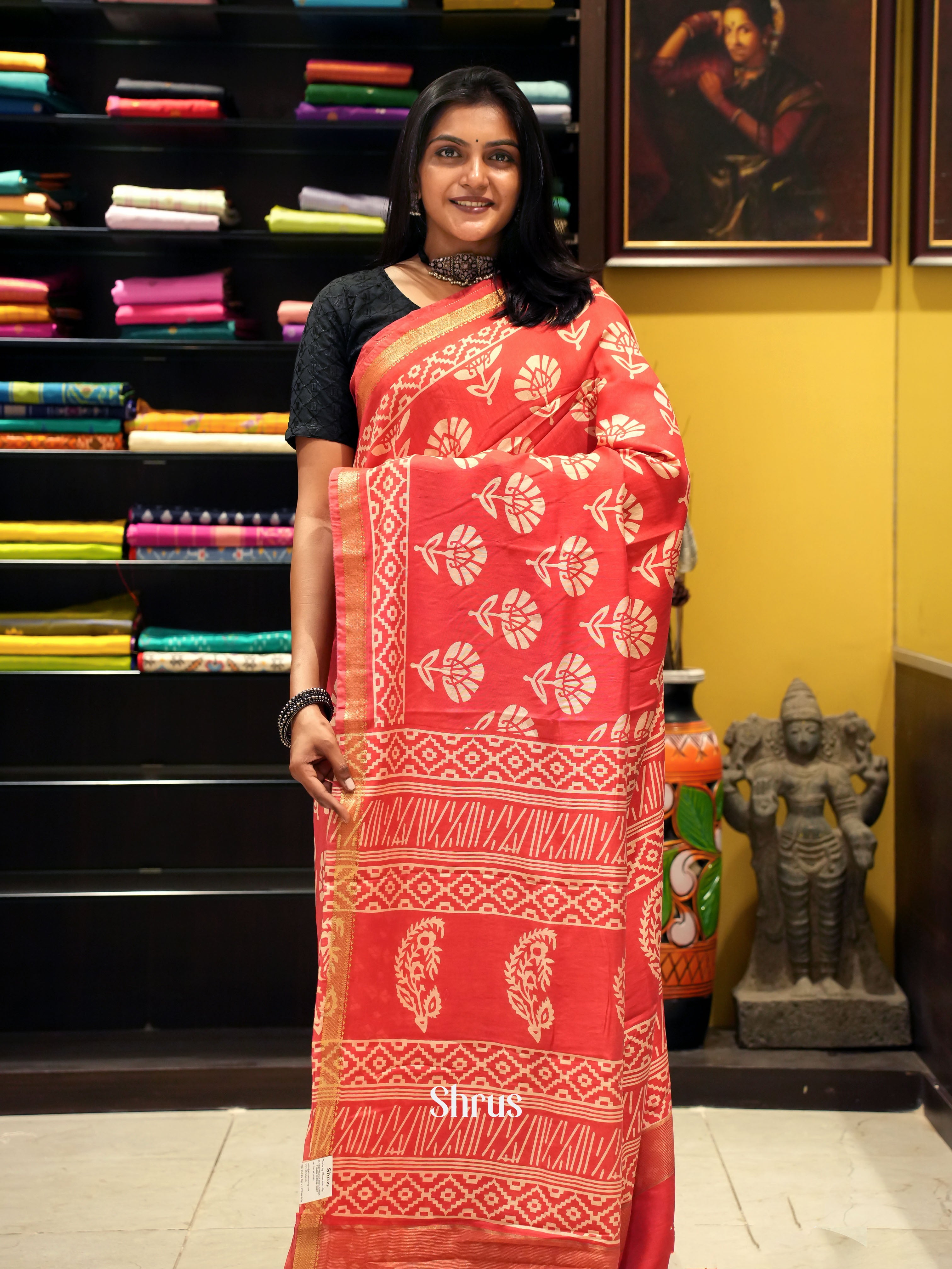 Red(Single Tone)- Semi Chanderi Saree - Shop on ShrusEternity.com