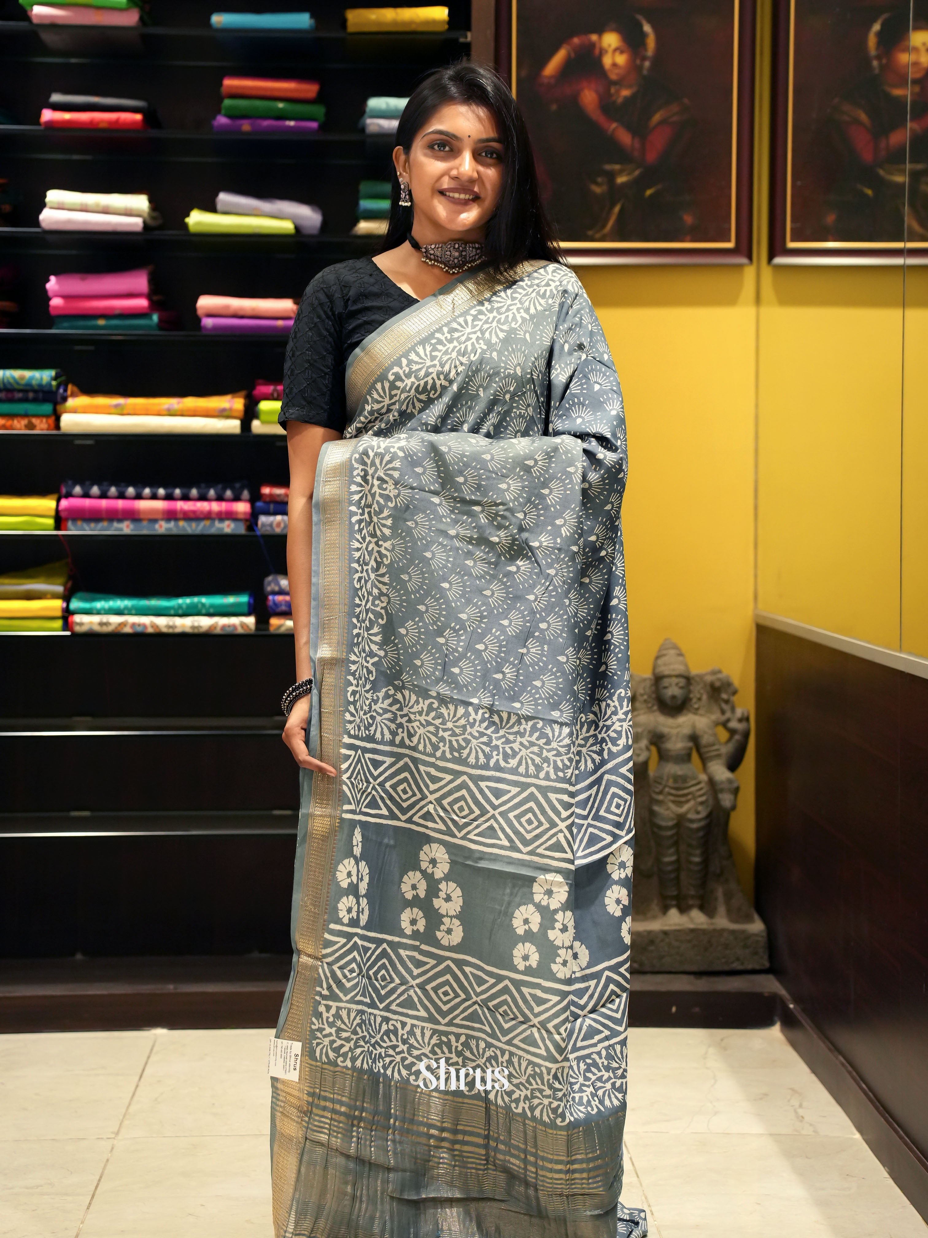 Grey(Single Tone)- Semi Chanderi Saree - Shop on ShrusEternity.com