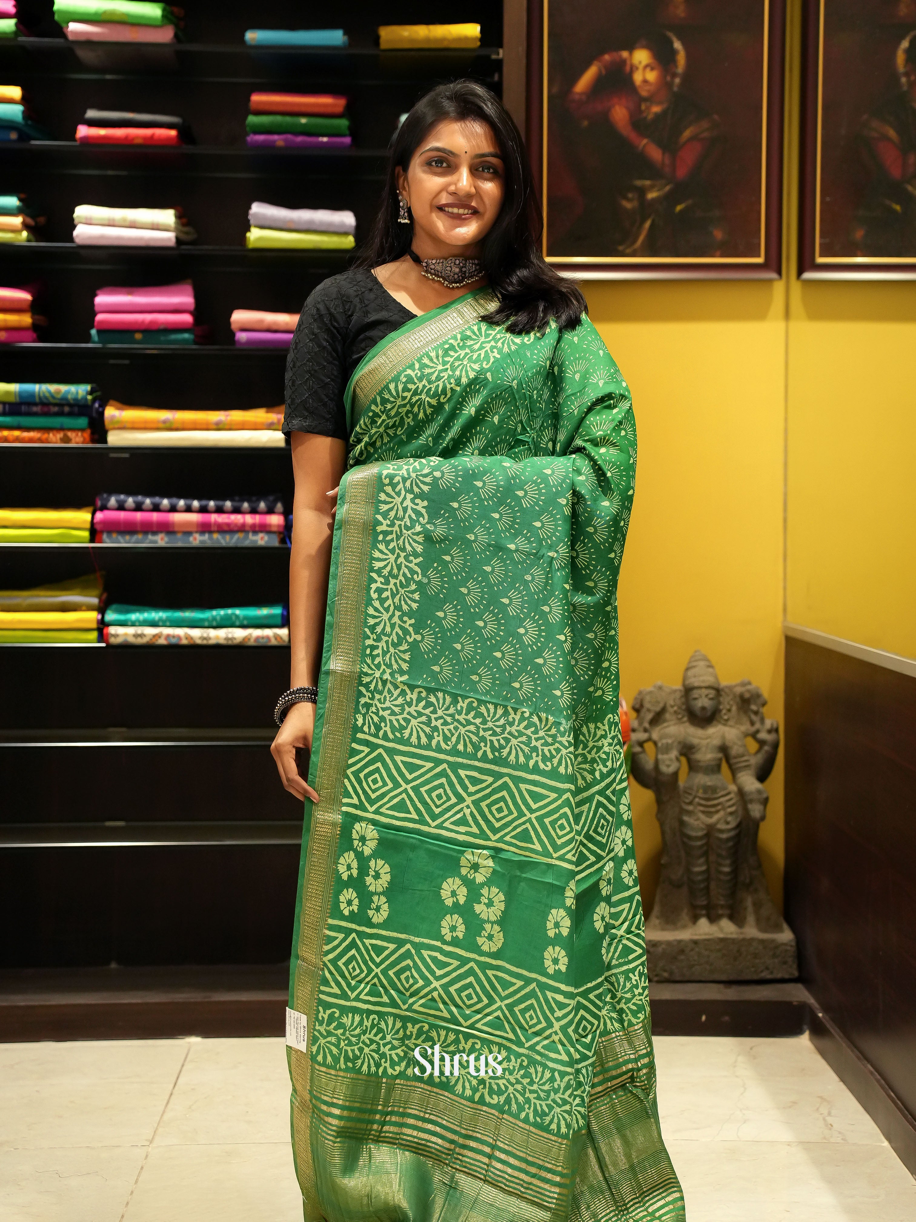 Green(Single Tone) - Semi Chanderi Saree - Shop on ShrusEternity.com