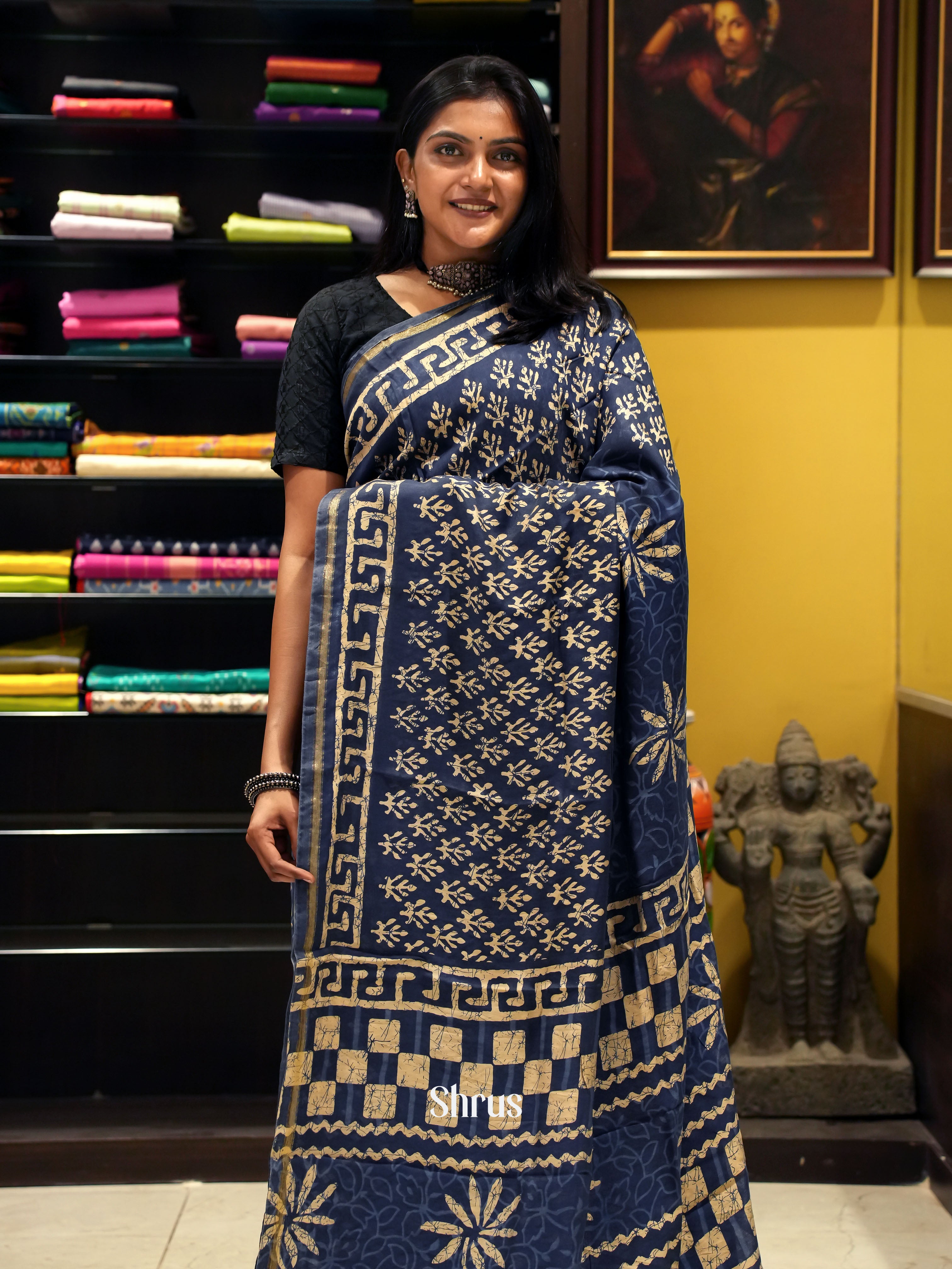 Blue(Single Tone)- Semi Chanderi Saree - Shop on ShrusEternity.com