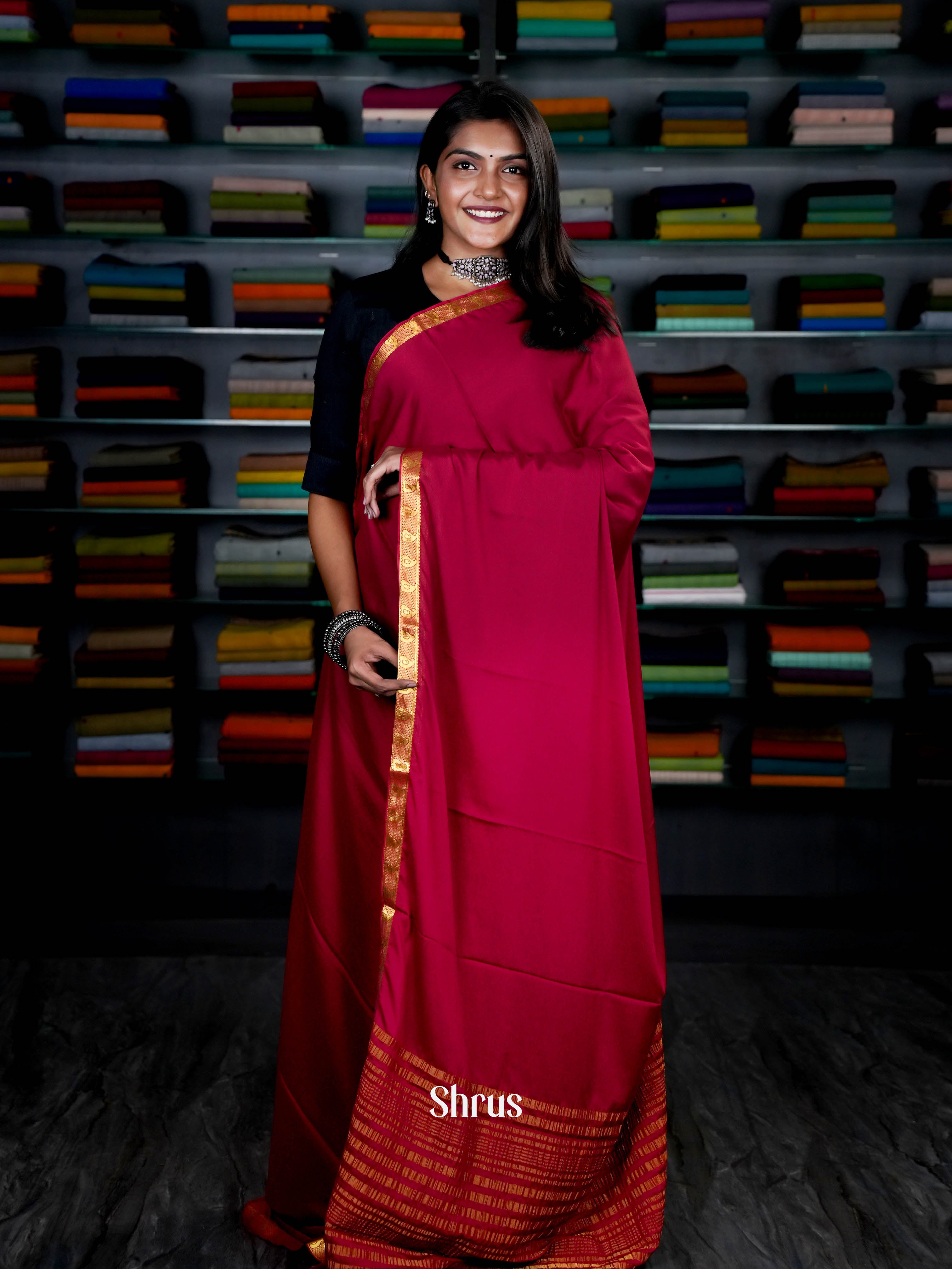 Maroon(Single Tone) - Semi Mysoresilk Saree - Shop on ShrusEternity.com