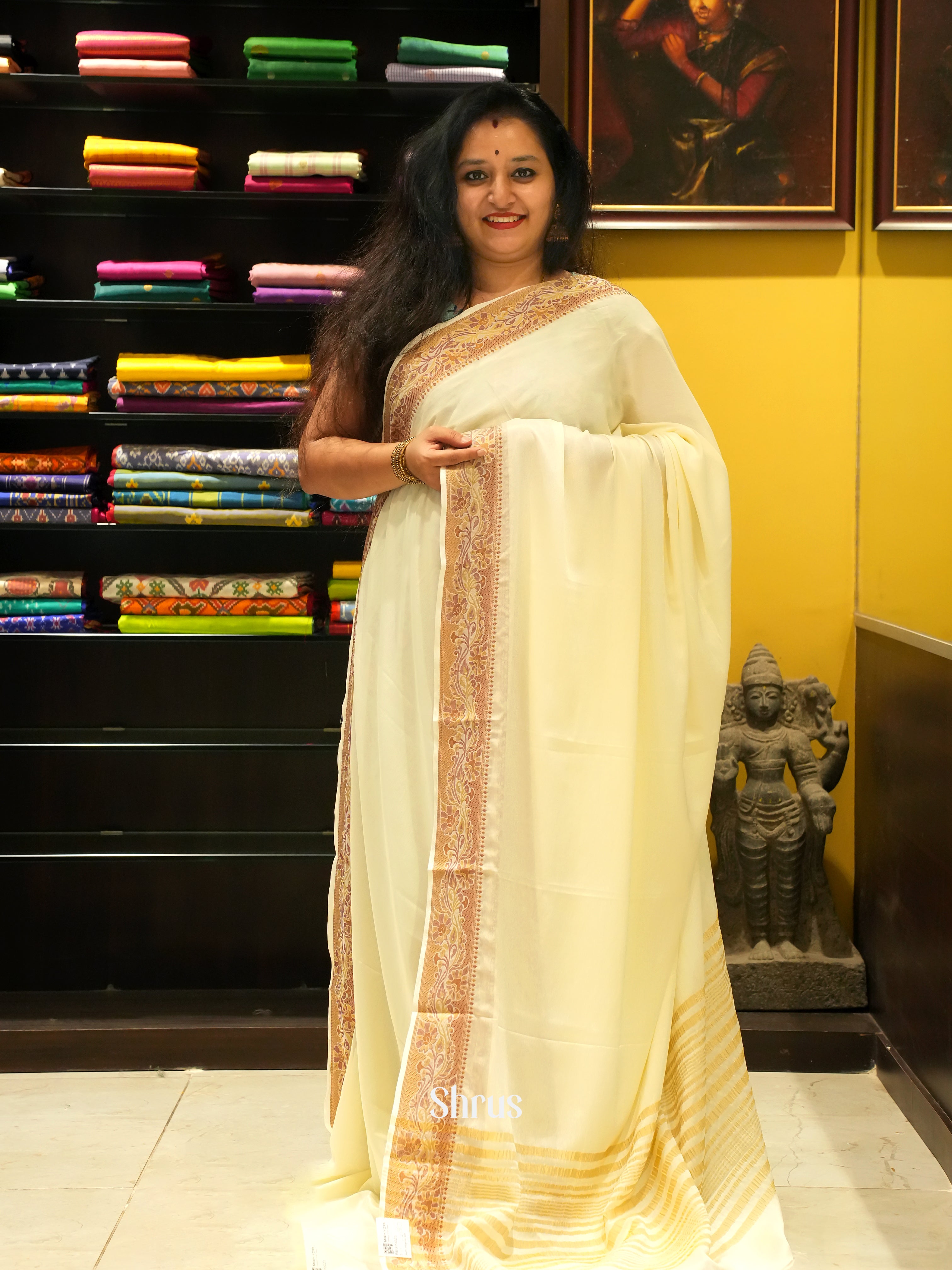 Cream(Single Tone) - Semi Mysoresilk Saree - Shop on ShrusEternity.com