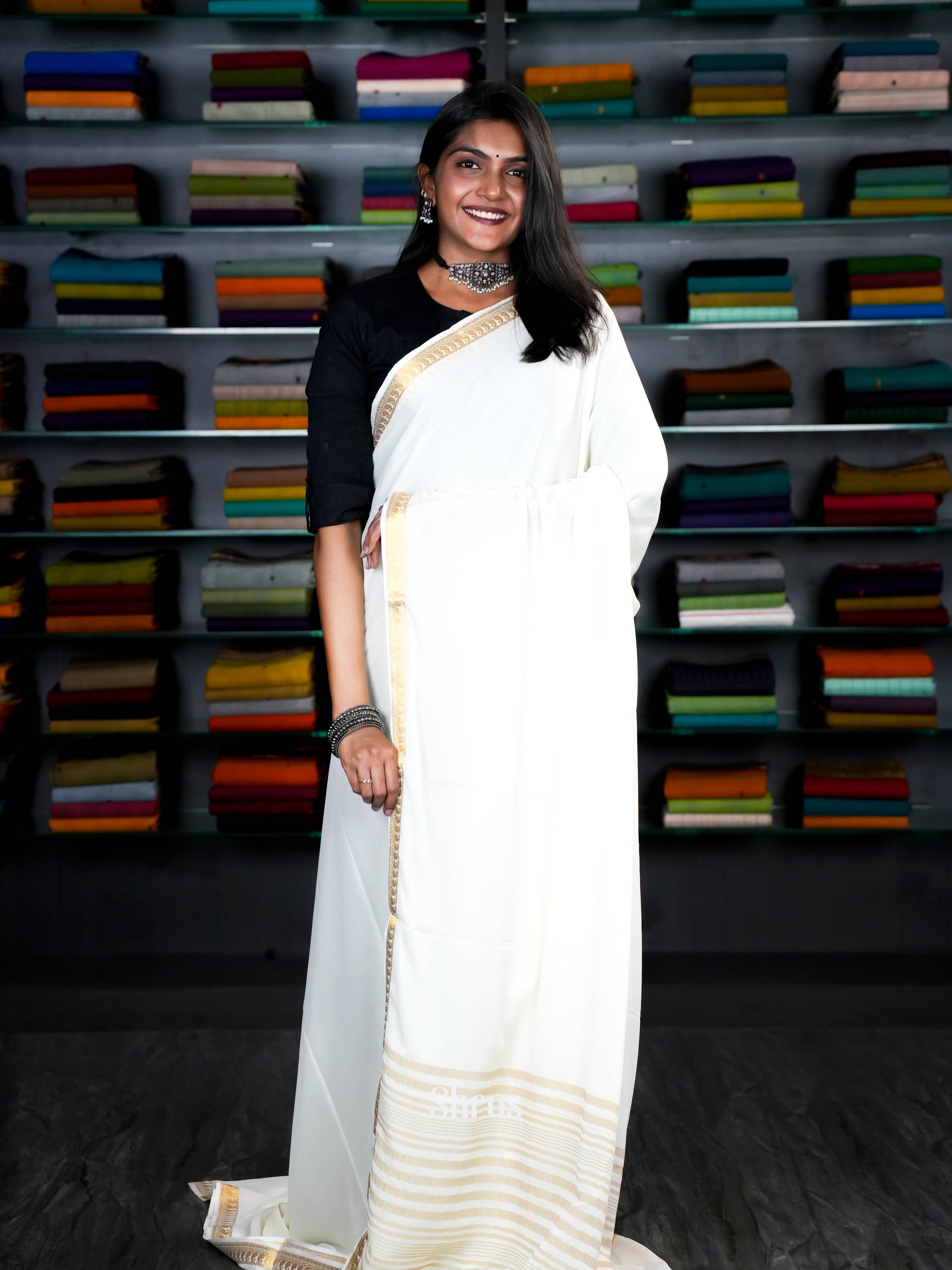 Cream (Single Tone) - Semi Mysoresilk Saree - Shop on ShrusEternity.com