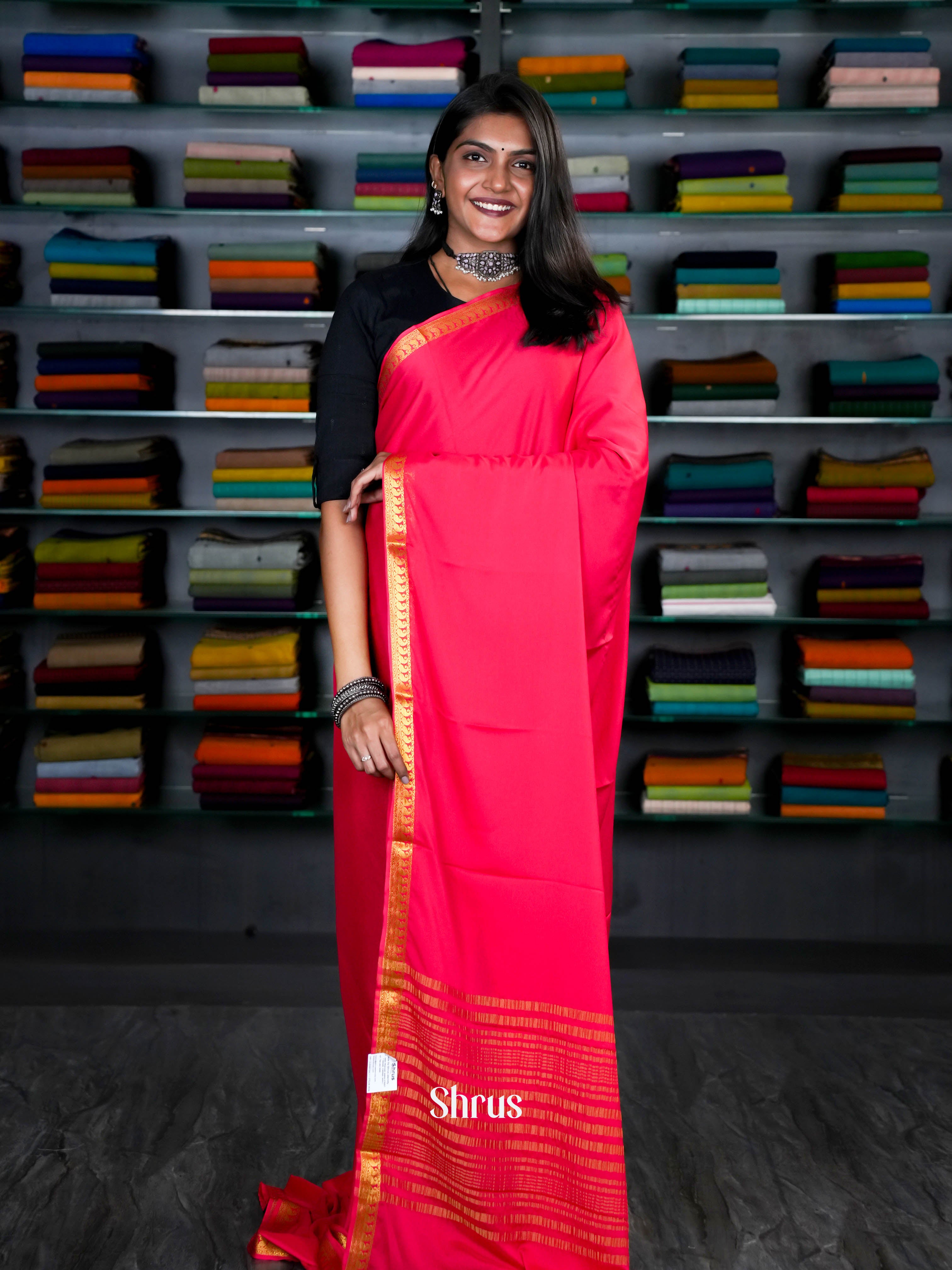 Pink(Single tone) - Semi Mysoresilk Saree - Shop on ShrusEternity.com