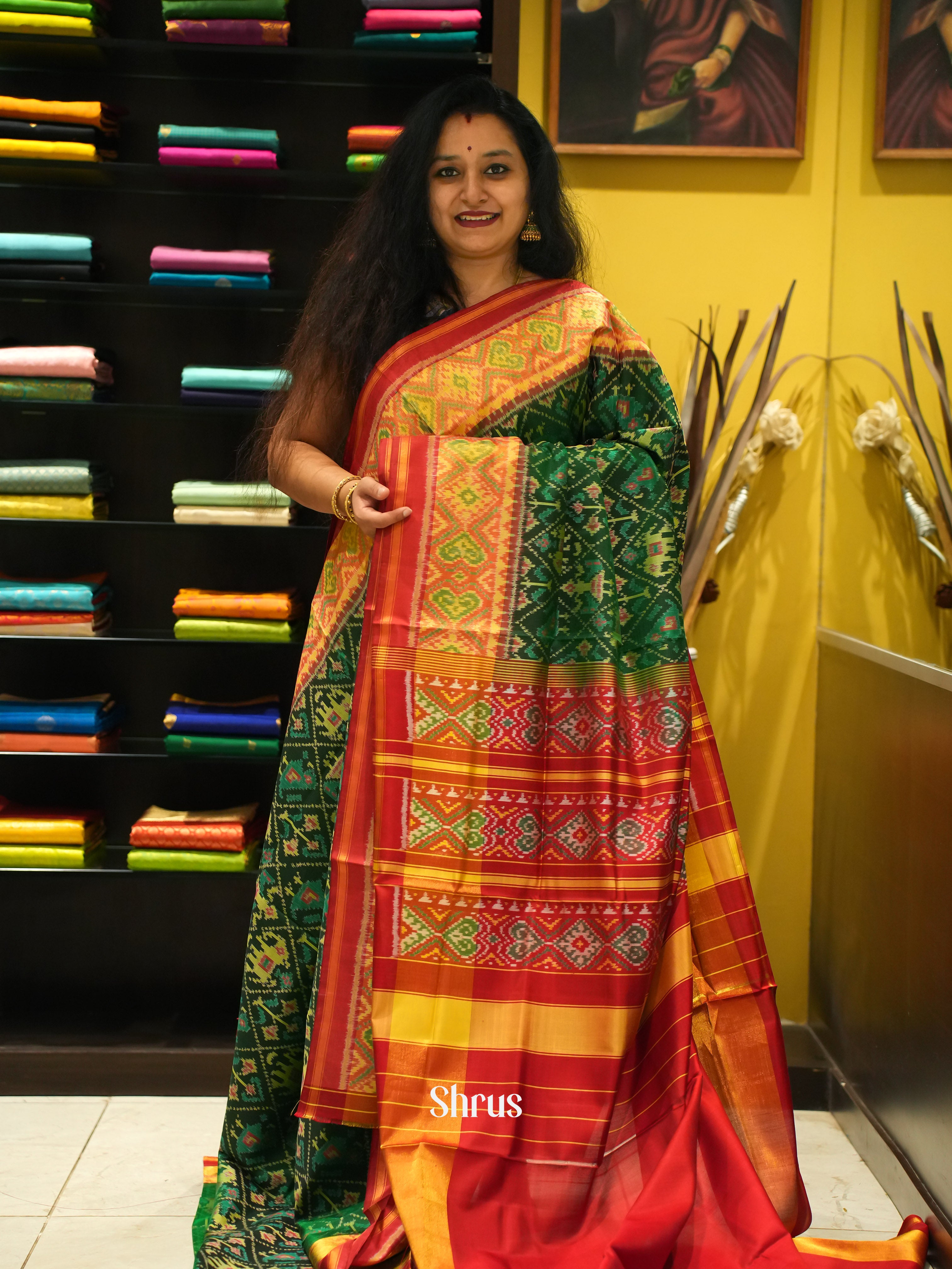 Green & Red - Ikkat Silk Saree - Shop on ShrusEternity.com